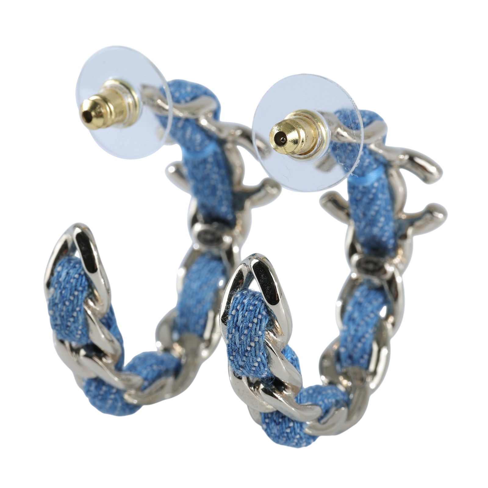 香奈兒 CHANEL CC LOGO 耳環 耳釘 ABF160/B25P 牛仔布穿鍊雙C半圈耳環 原廠盒子/購買證明正本