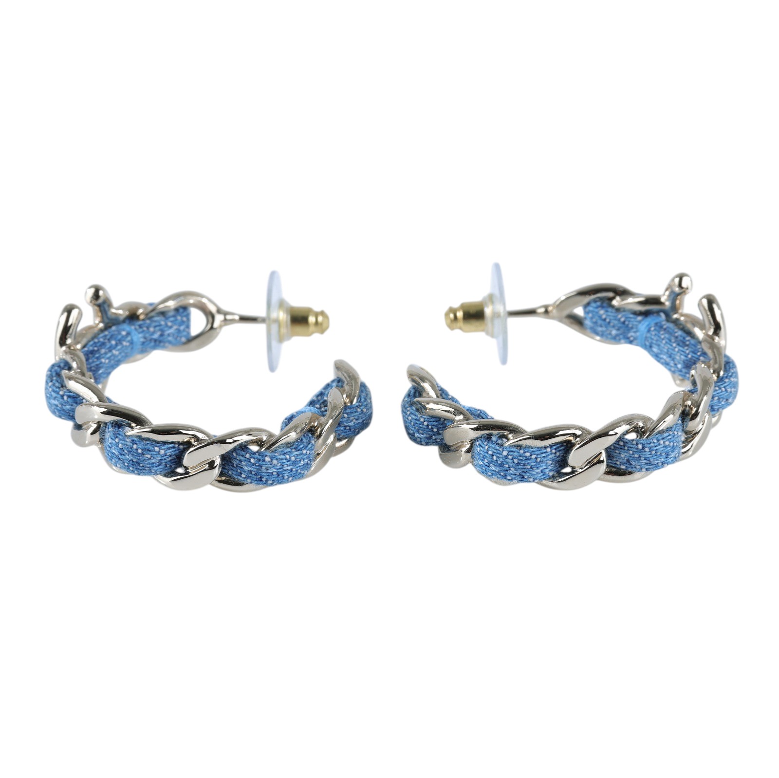 香奈兒 CHANEL CC LOGO 耳環 耳釘 ABF160/B25P 牛仔布穿鍊雙C半圈耳環 原廠盒子/購買證明正本