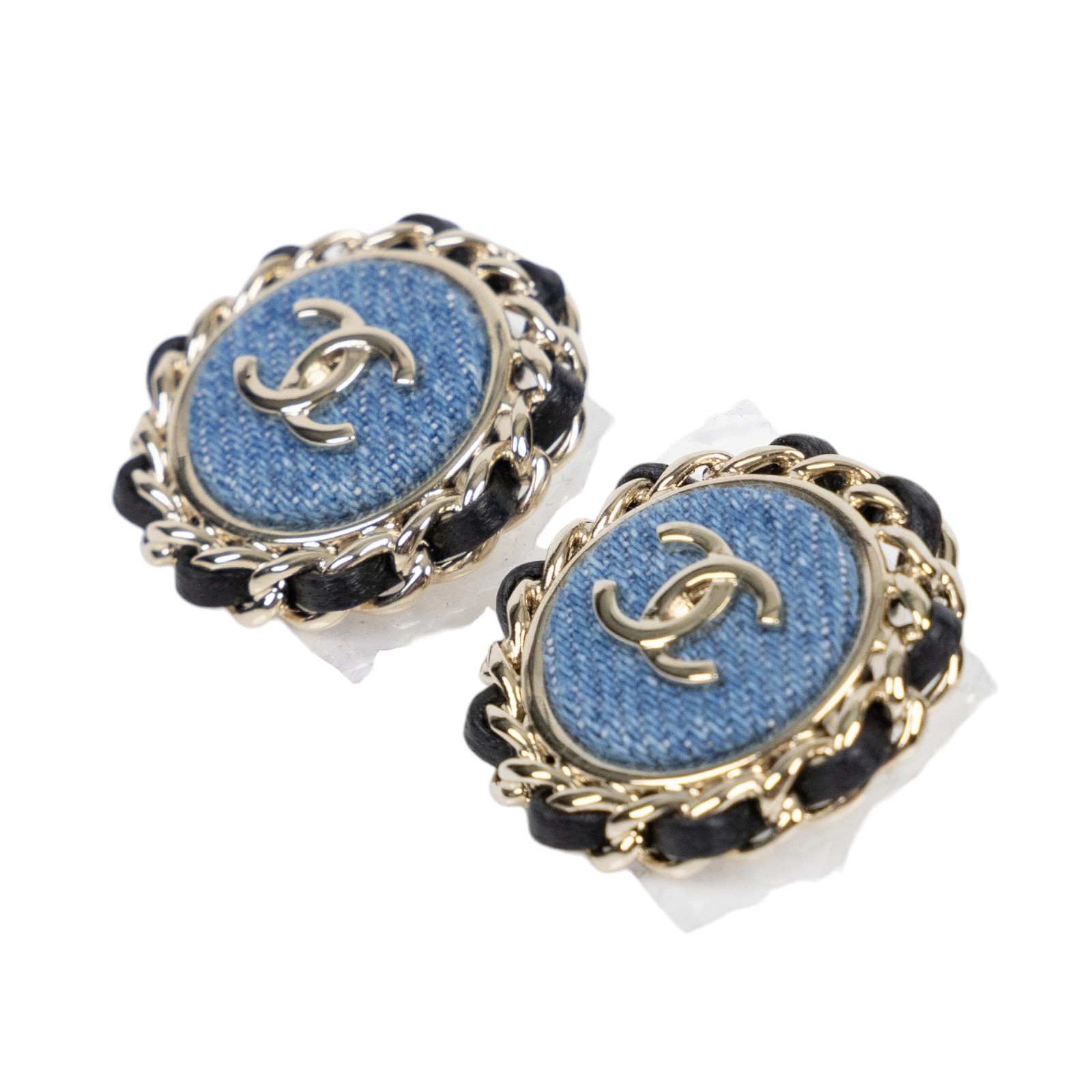 香奈兒 CHANEL CC LOGO 耳環 耳釘 ABF153/B25P 牛仔/皮穿鍊雙C圓耳環 原廠盒子/購買證明影本