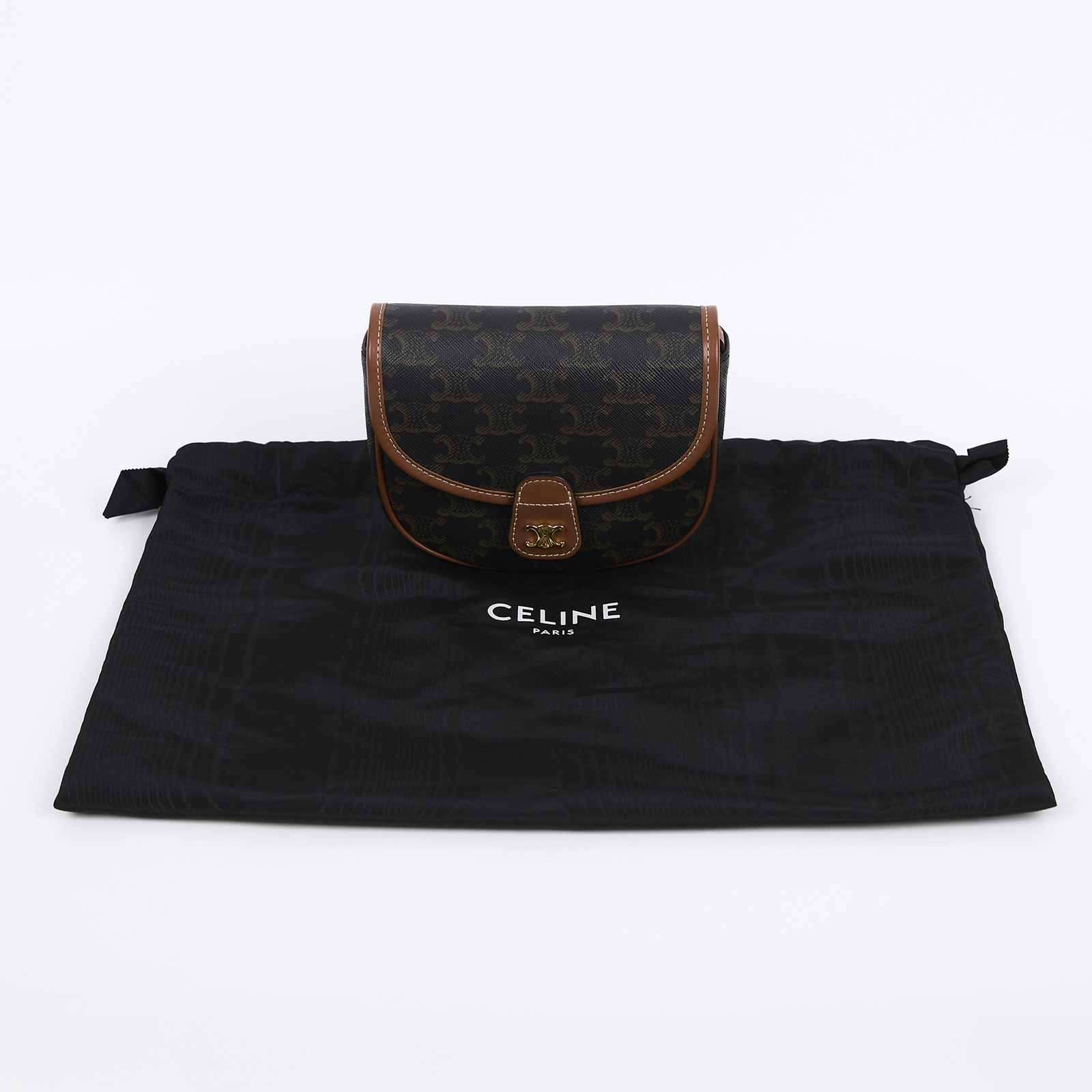 思琳 CELINE Triomphe帆布 小牛皮 迷你 Besace 斜背 肩背 馬鞍包 196702BZJ 黃褐色BESACE CLEA MINI 防塵袋