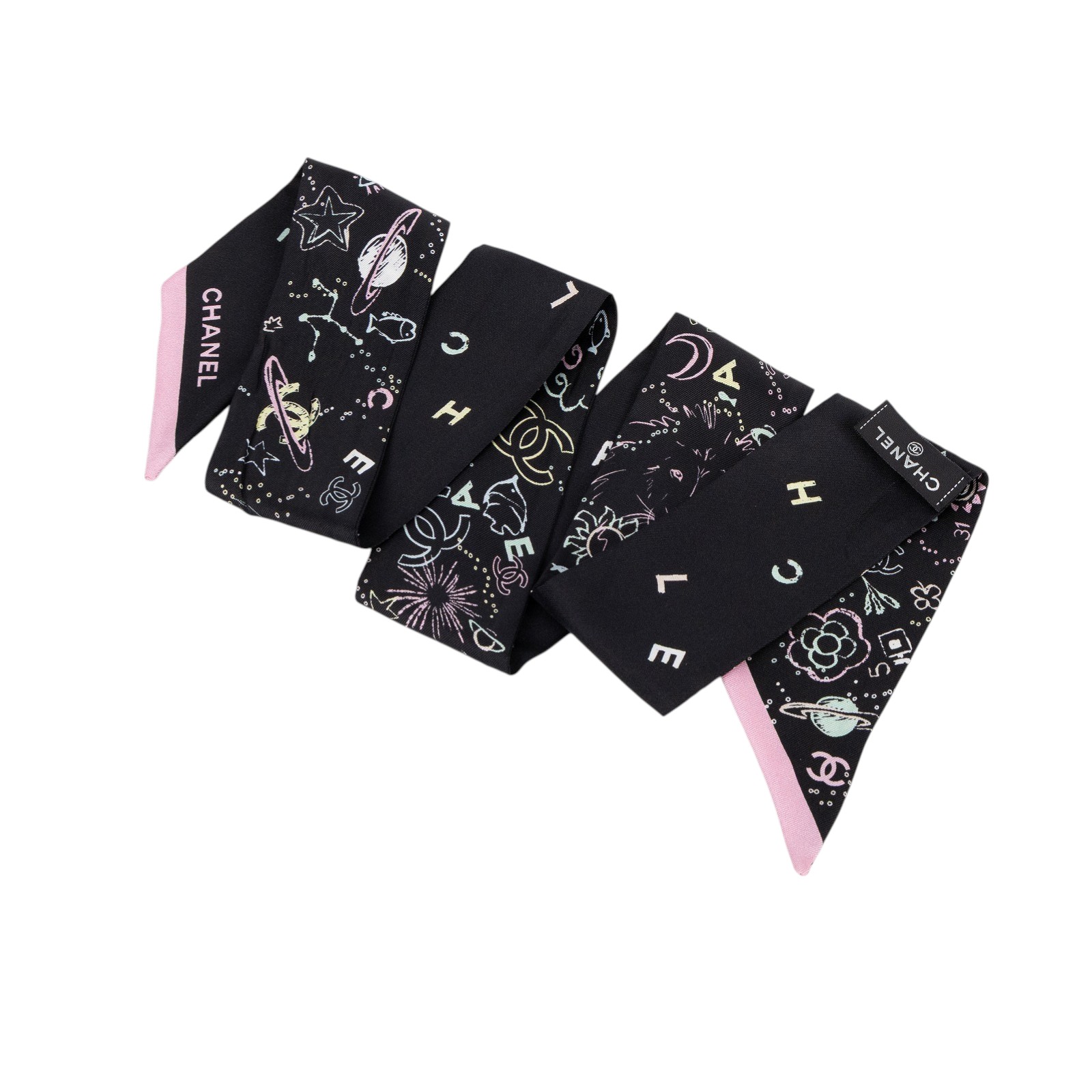 香奈兒 CHANEL CC LOGO 絲巾 AAA665 黑粉塗鴨LOGO代表物TWILLY 原廠盒子/購買證明正本