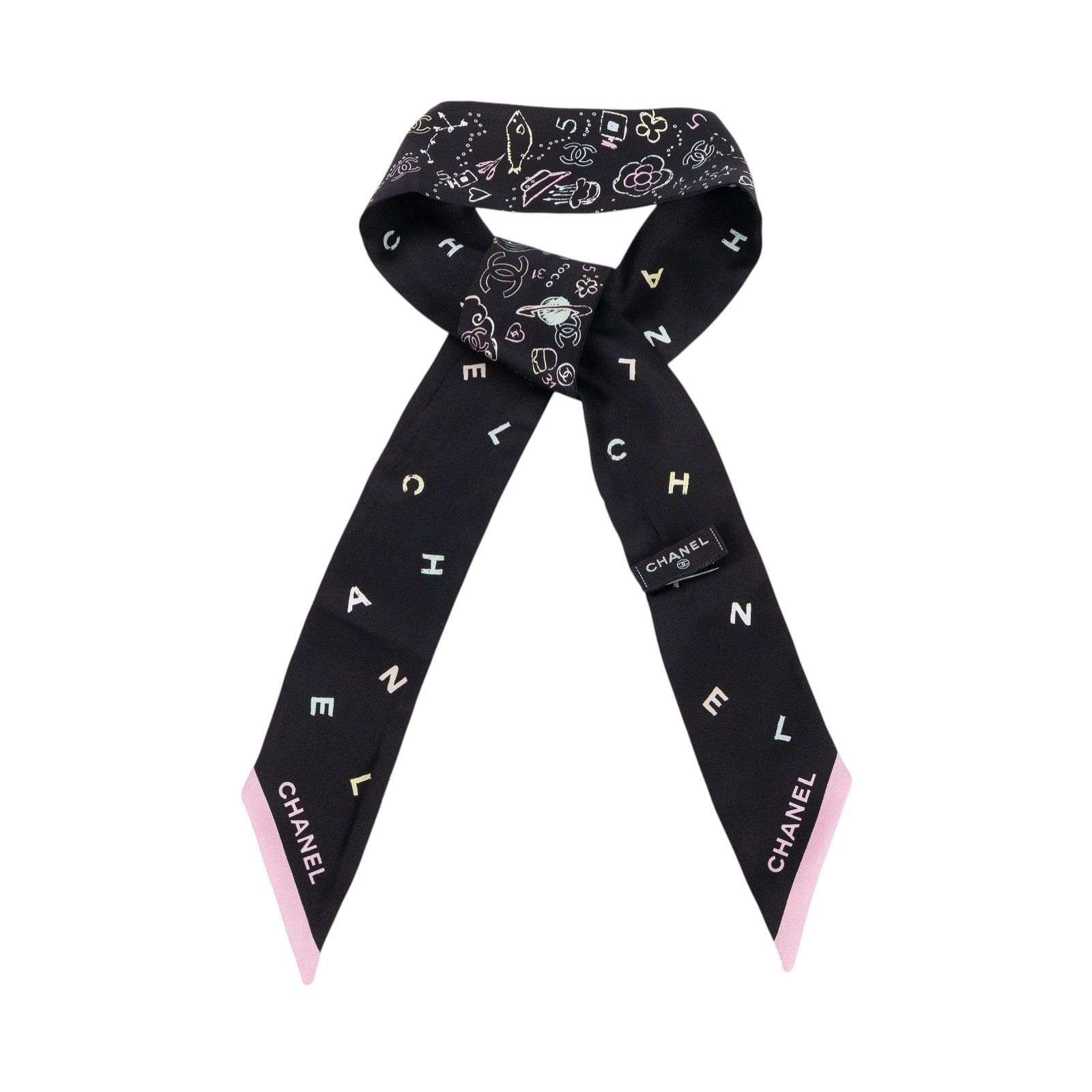 香奈兒 CHANEL CC LOGO 絲巾 AAA665 黑粉塗鴨LOGO代表物TWILLY 原廠盒子/購買證明正本