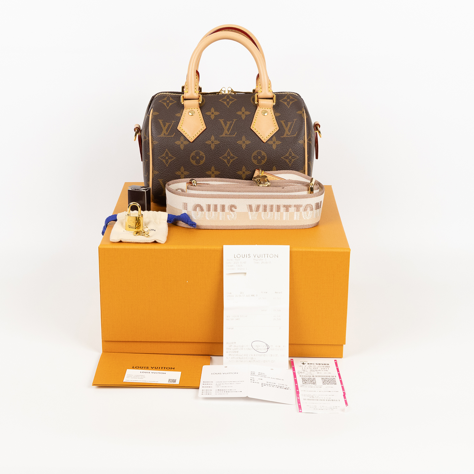 路易威登 LOUIS VUITTON Speedy Bandoulière 20 米色 帆布 手提 斜背 波士頓包 M46222 晶片款  原廠盒子/背帶/鎖組/購買證明正本