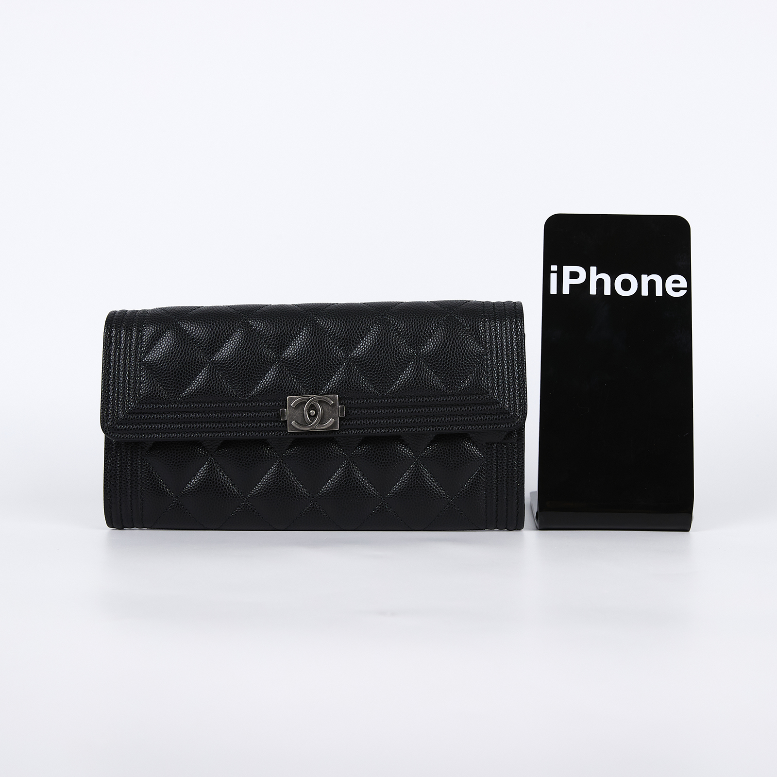 香奈兒 CHANEL Boy 雙C 荔枝皮 牛皮 釦式 長夾 A80286 B01489 31開黑荔枝BOY長夾 原廠盒子/防塵袋/保證卡/購買證明正本