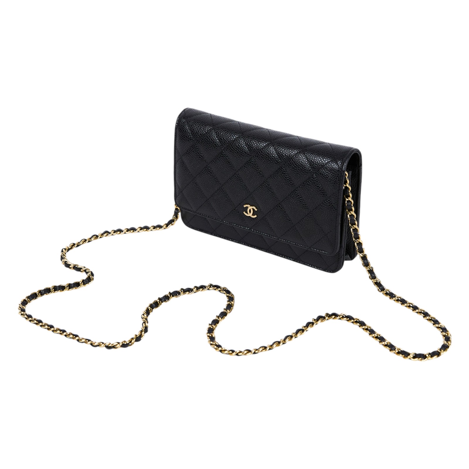 香奈兒 CHANEL 經典鏈子皮夾 菱格紋 CC LOGO AP0250 晶片款 黑金荔枝WOC 原廠盒子/防塵袋