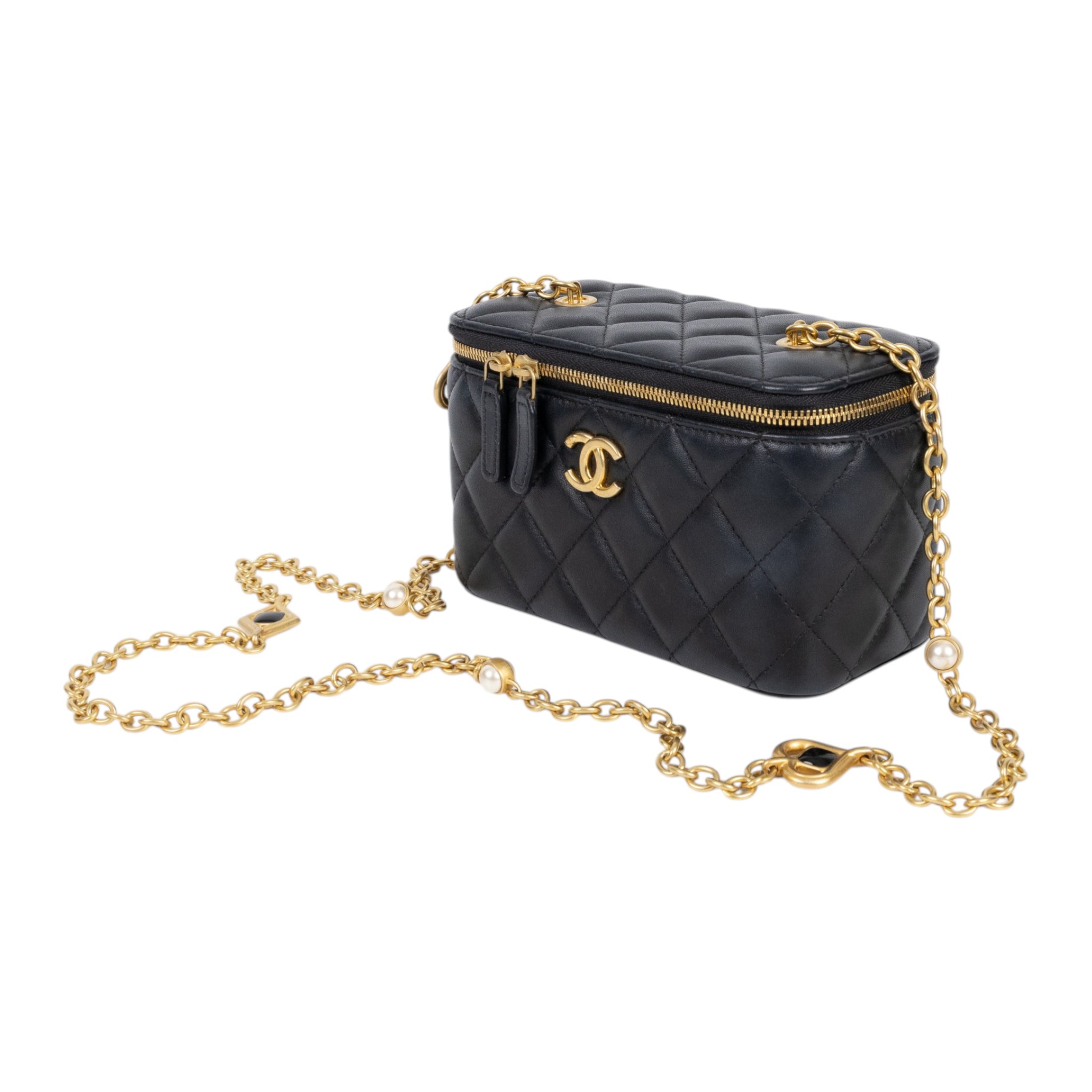 香奈兒 CHANEL CC LOGO 化妝盒 化妝箱 斜背包 Vanity Case AP3258 晶片款 黑金羊黑桃愛心珍珠鏈VANITY CASE 防塵袋/原廠盒子