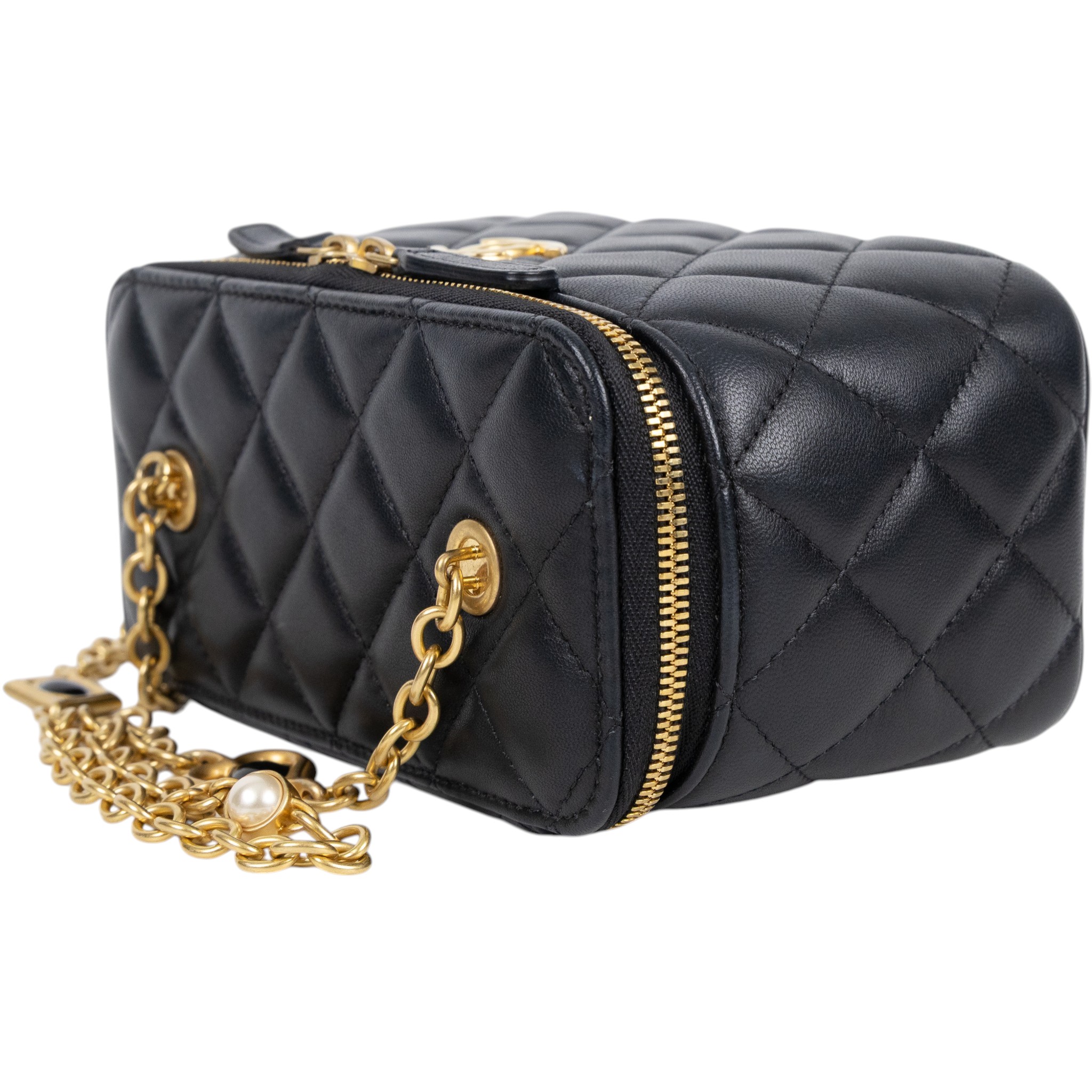 香奈兒 CHANEL CC LOGO 化妝盒 化妝箱 斜背包 Vanity Case AP3258 晶片款 黑金羊黑桃愛心珍珠鏈VANITY CASE 防塵袋/原廠盒子