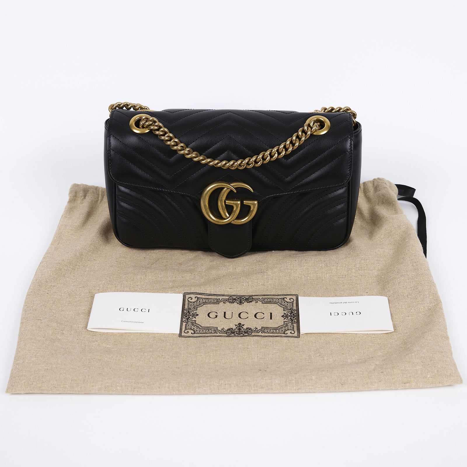 古馳 GUCCI GG Marmont 小型 絎縫 肩揹袋 443497 DTDIT 黑金MARMONT 26CM 防塵袋