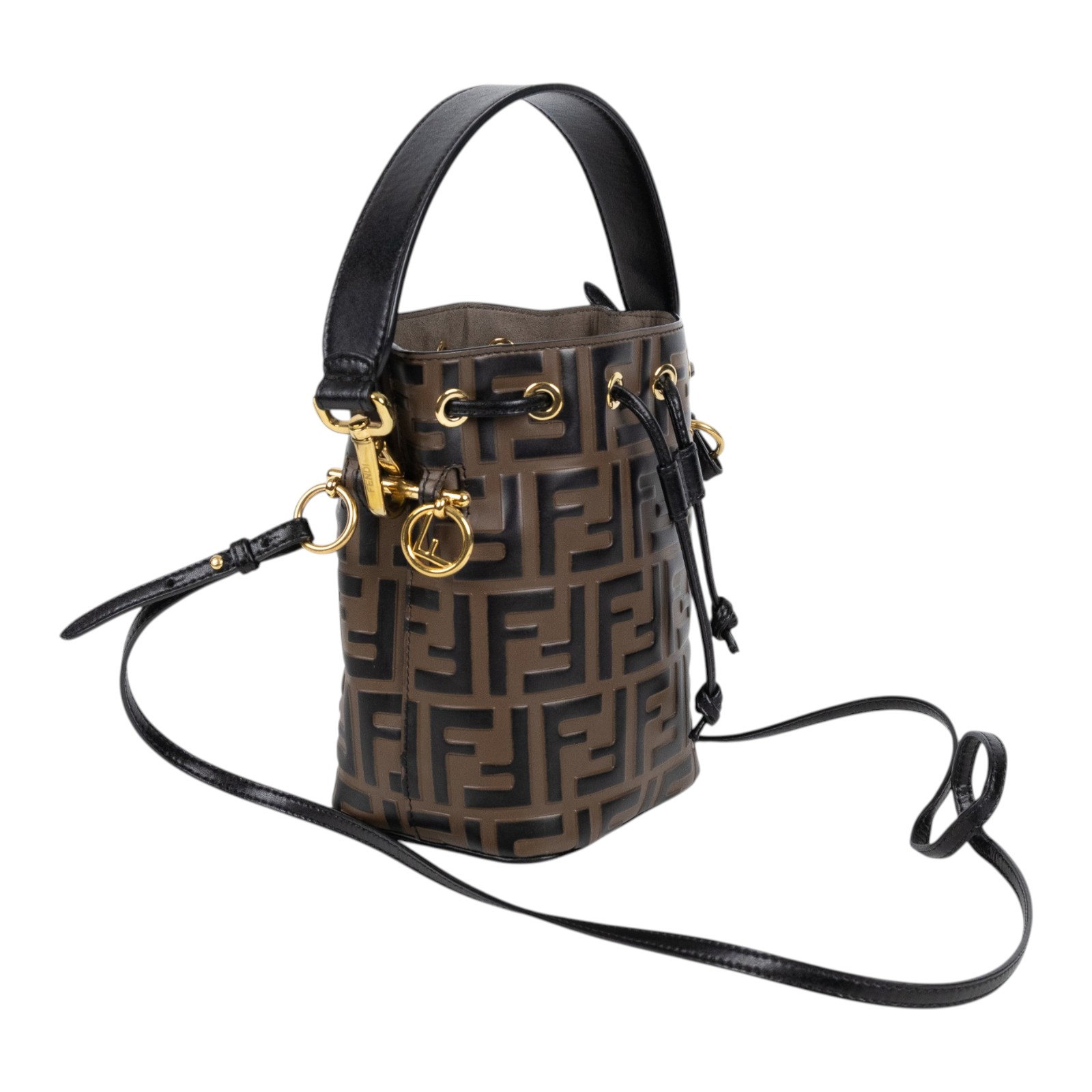 芬迪 FENDI Mon Tresor 皮革 迷你 手袋 8BS010A659 黑拚棕FF水桶包 防塵袋