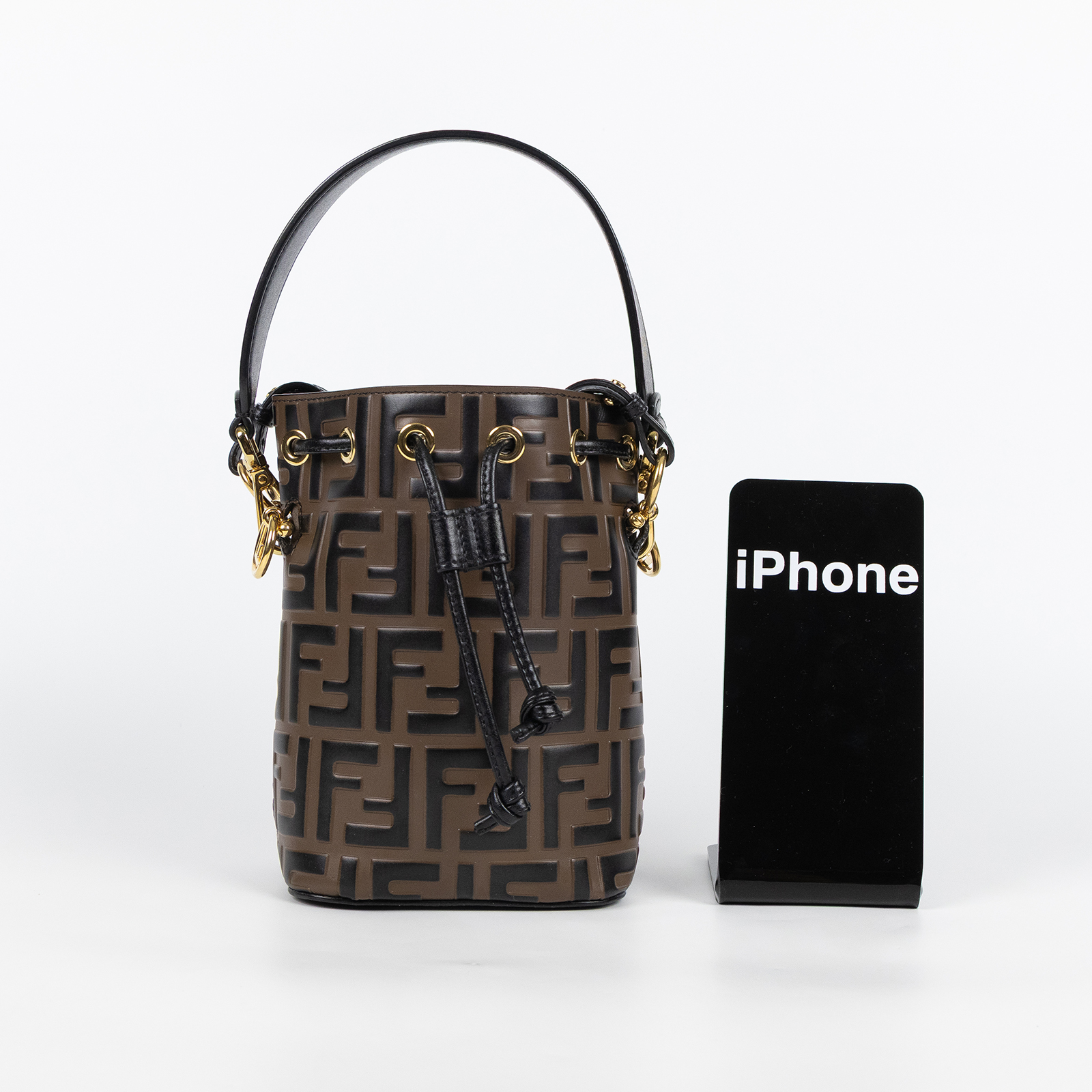 芬迪 FENDI Mon Tresor 皮革 迷你 手袋 8BS010A659 黑拚棕FF水桶包 防塵袋