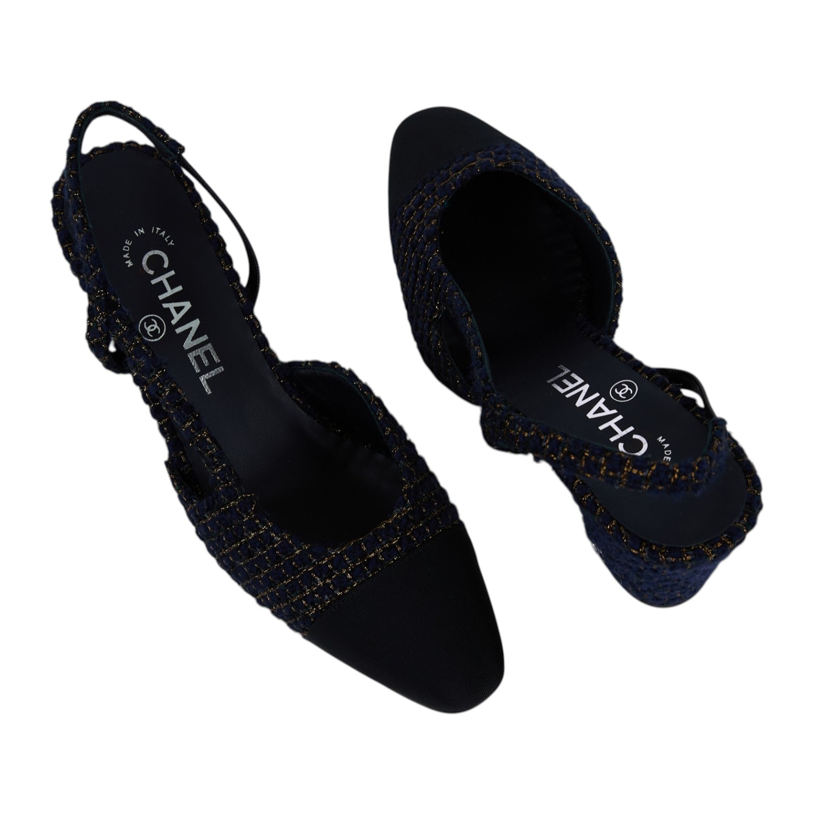 香奈兒 CHANEL 後繫帶 跟鞋 G31318_365 深藍毛呢低跟鞋#36.5 防塵袋/原廠盒子
