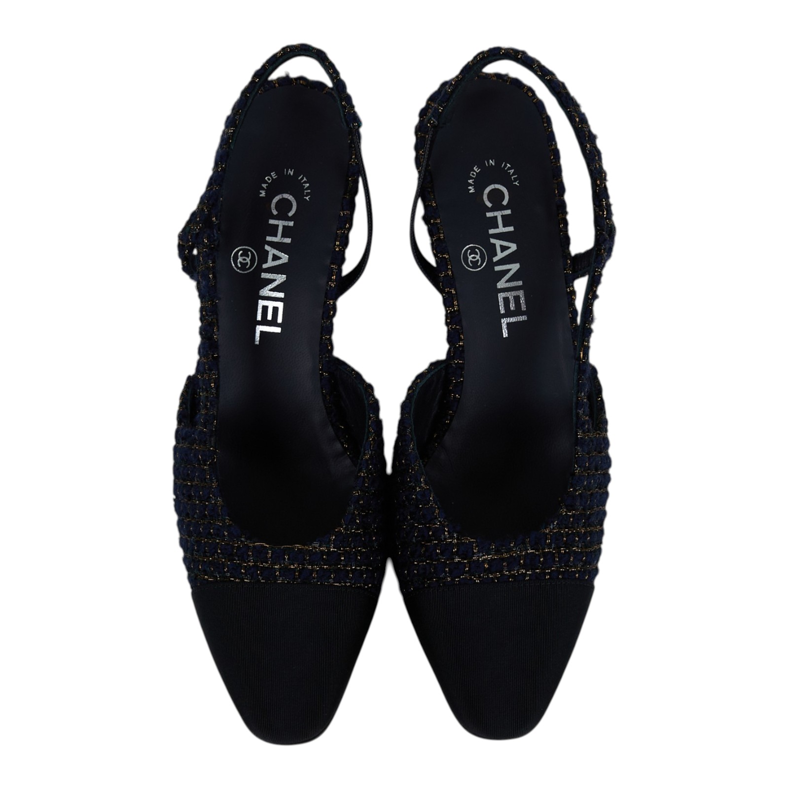 香奈兒 CHANEL 後繫帶 跟鞋 G31318_365 深藍毛呢低跟鞋#36.5 防塵袋/原廠盒子