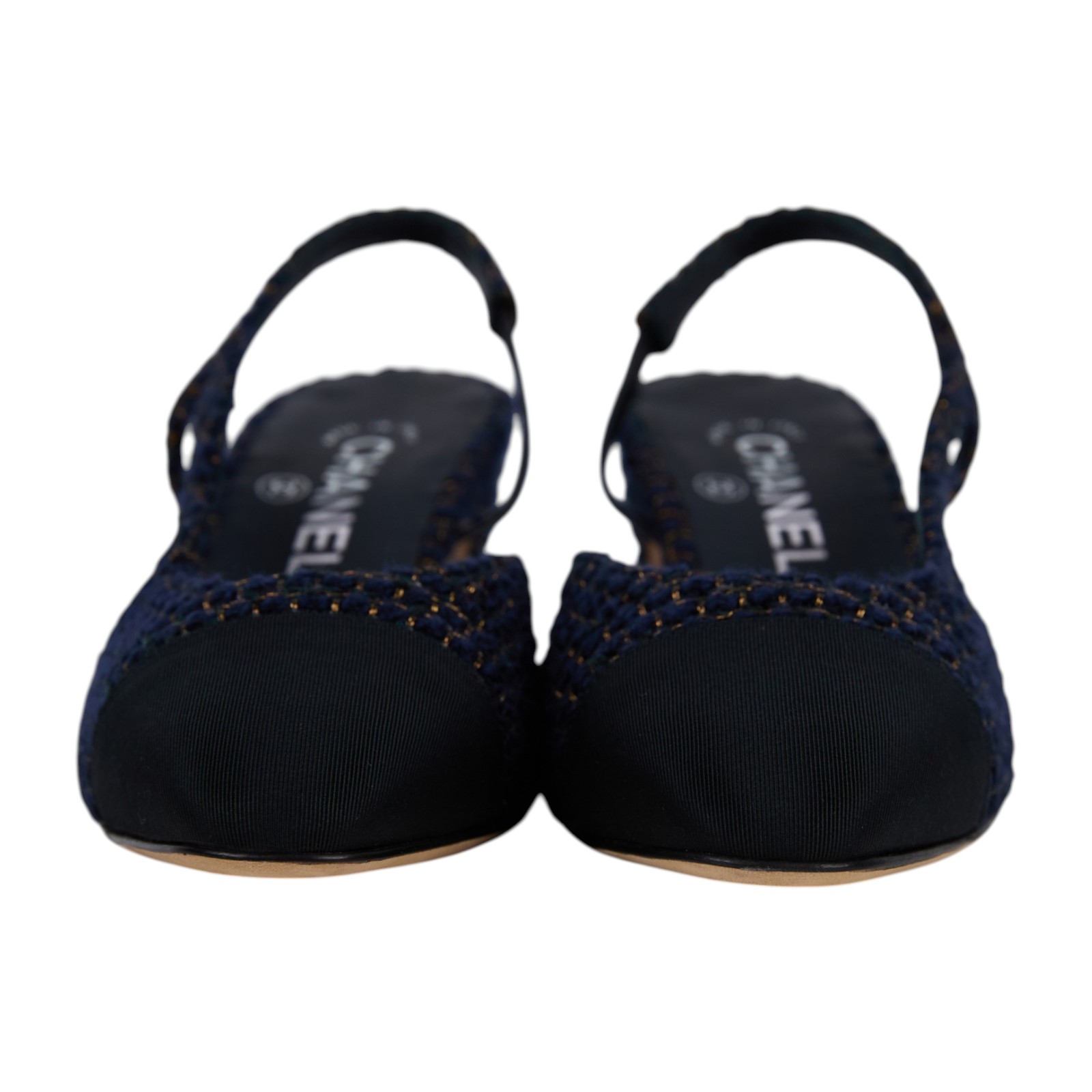 香奈兒 CHANEL 後繫帶 跟鞋 G31318_365 深藍毛呢低跟鞋#36.5 防塵袋/原廠盒子