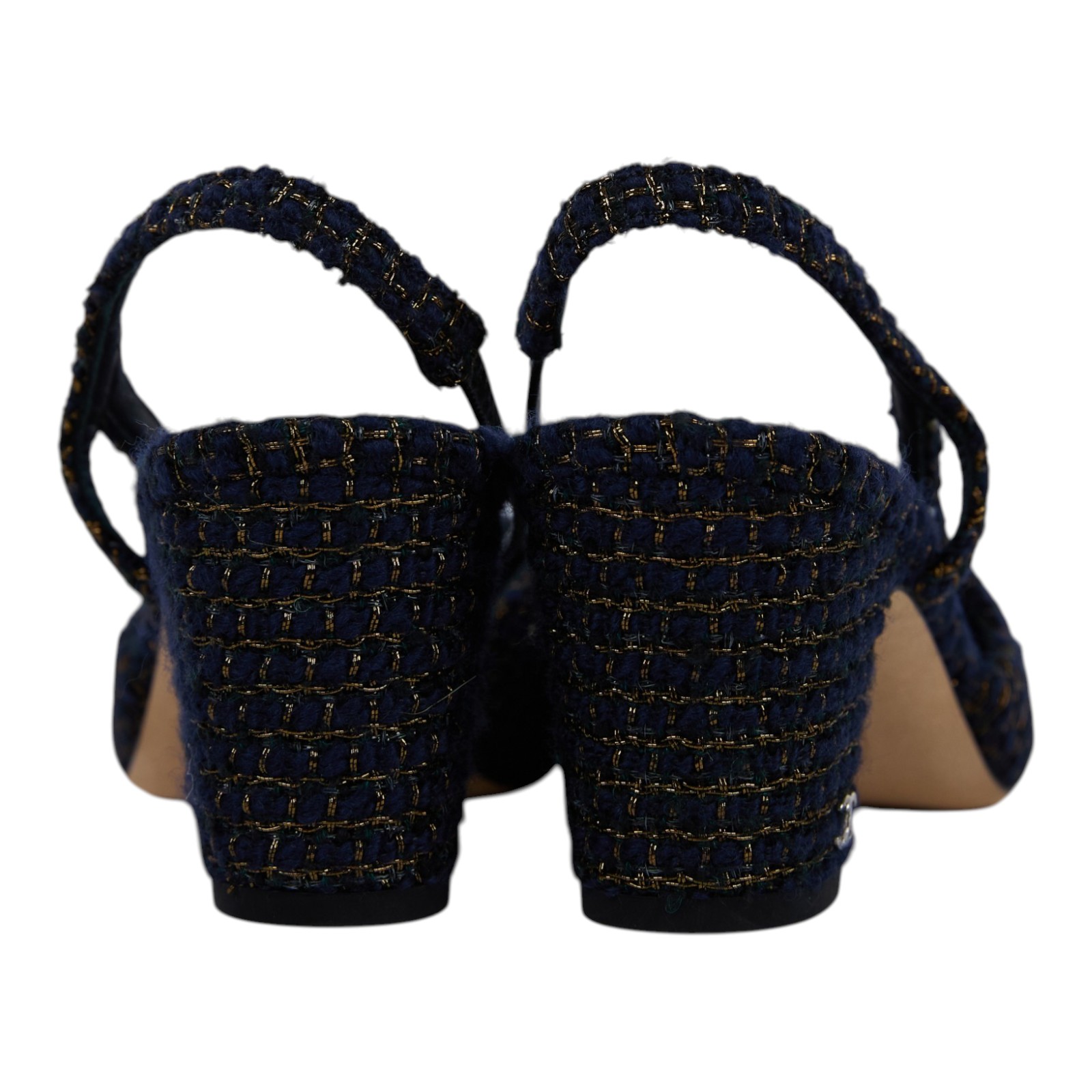 香奈兒 CHANEL 後繫帶 跟鞋 G31318_365 深藍毛呢低跟鞋#36.5 防塵袋/原廠盒子