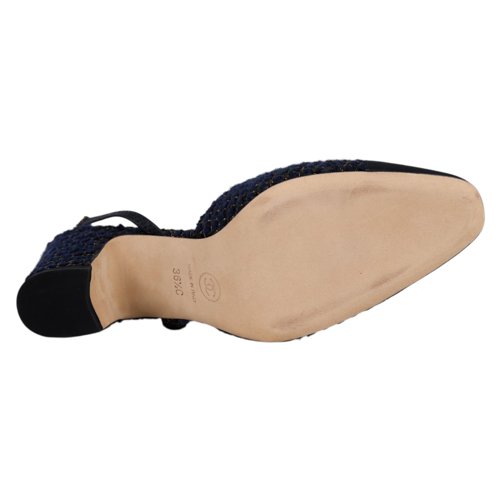 香奈兒 CHANEL 後繫帶 跟鞋 G31318_365 深藍毛呢低跟鞋#36.5 防塵袋/原廠盒子