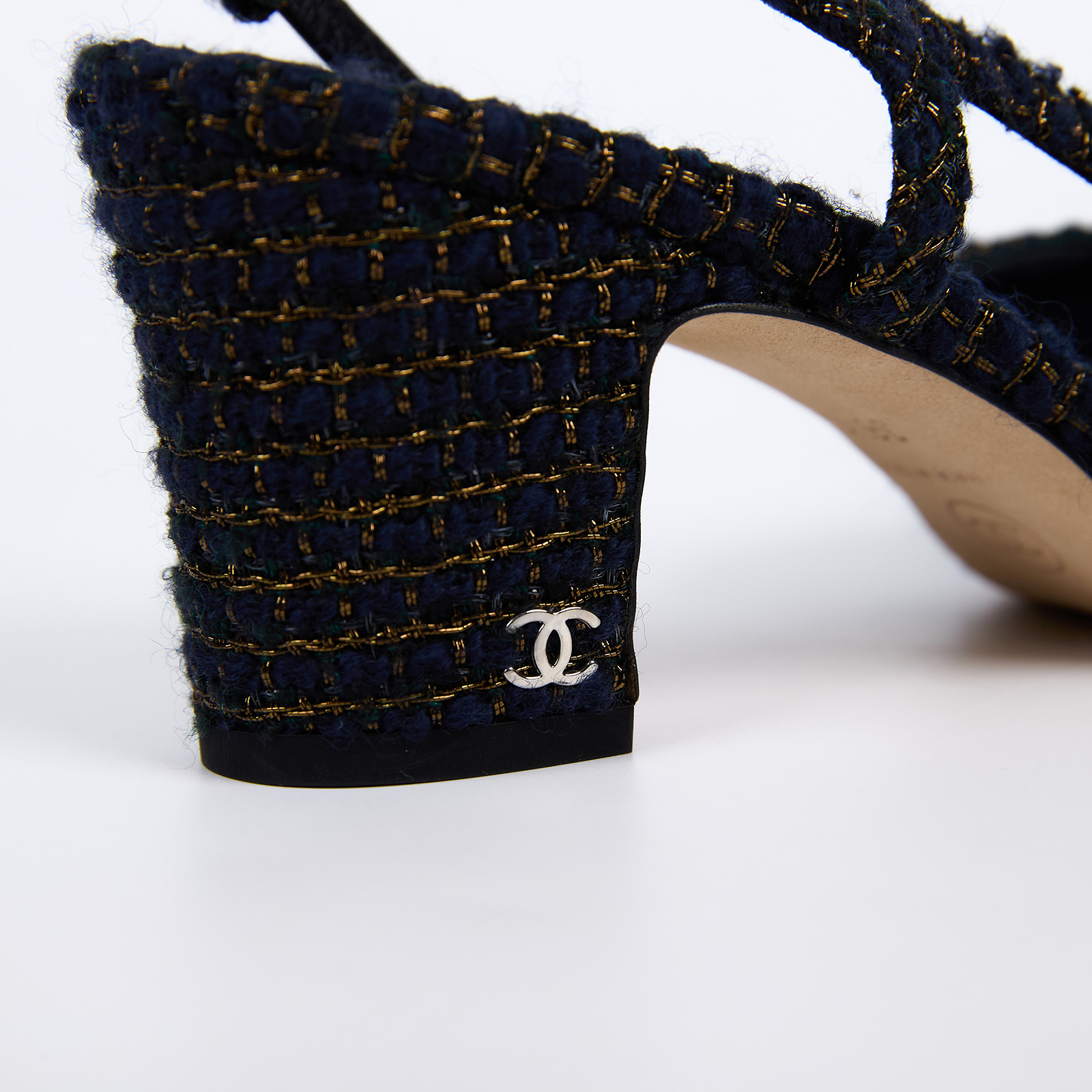 香奈兒 CHANEL 後繫帶 跟鞋 G31318_365 深藍毛呢低跟鞋#36.5 防塵袋/原廠盒子