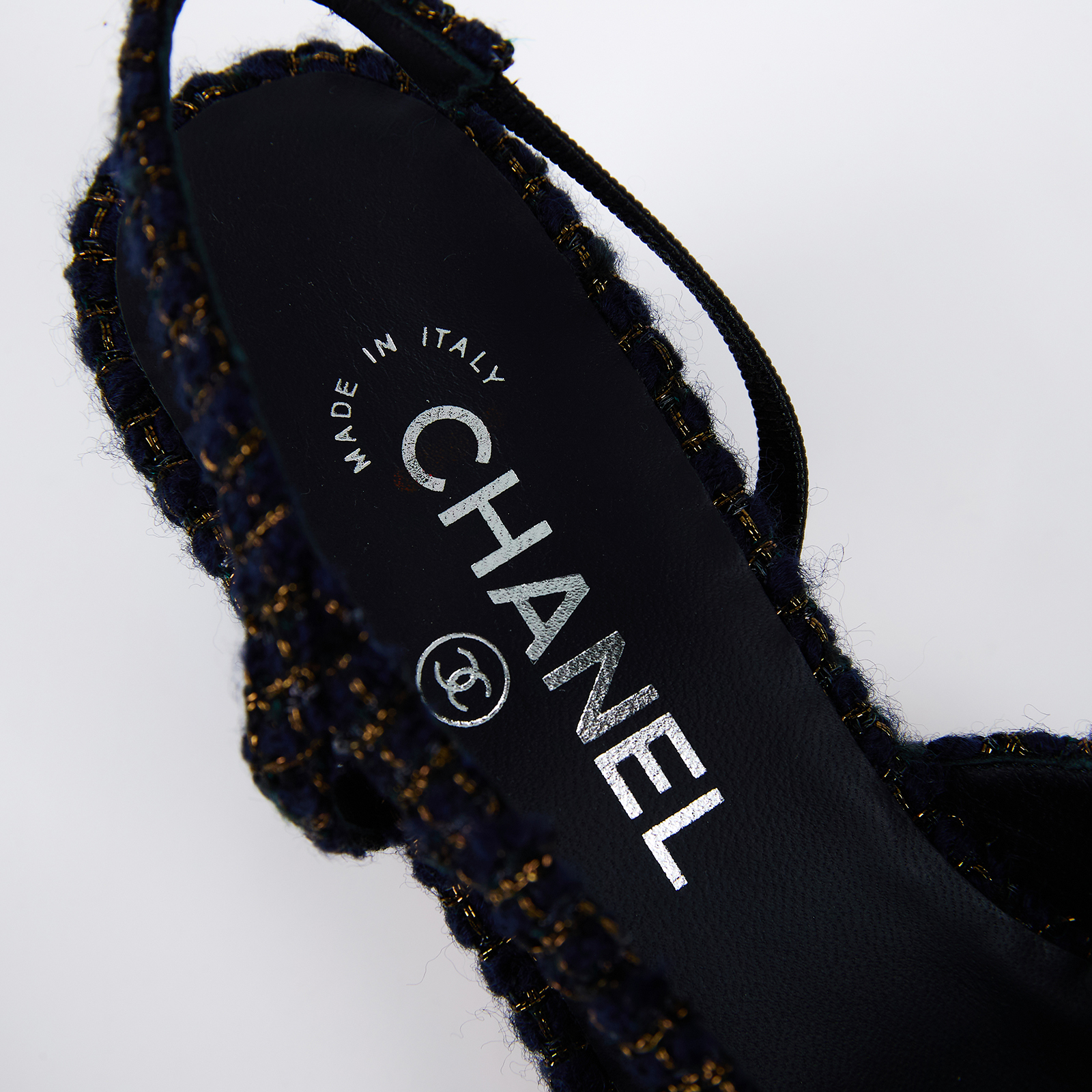 香奈兒 CHANEL 後繫帶 跟鞋 G31318_365 深藍毛呢低跟鞋#36.5 防塵袋/原廠盒子