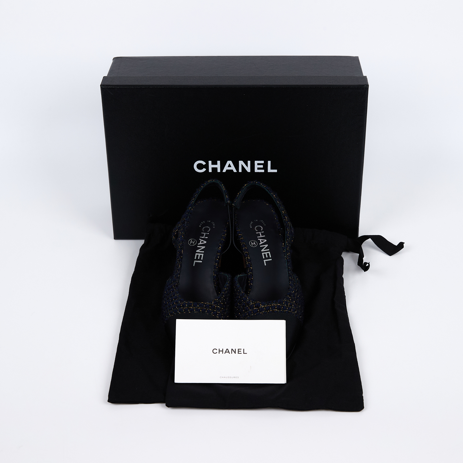 香奈兒 CHANEL 後繫帶 跟鞋 G31318_365 深藍毛呢低跟鞋#36.5 防塵袋/原廠盒子