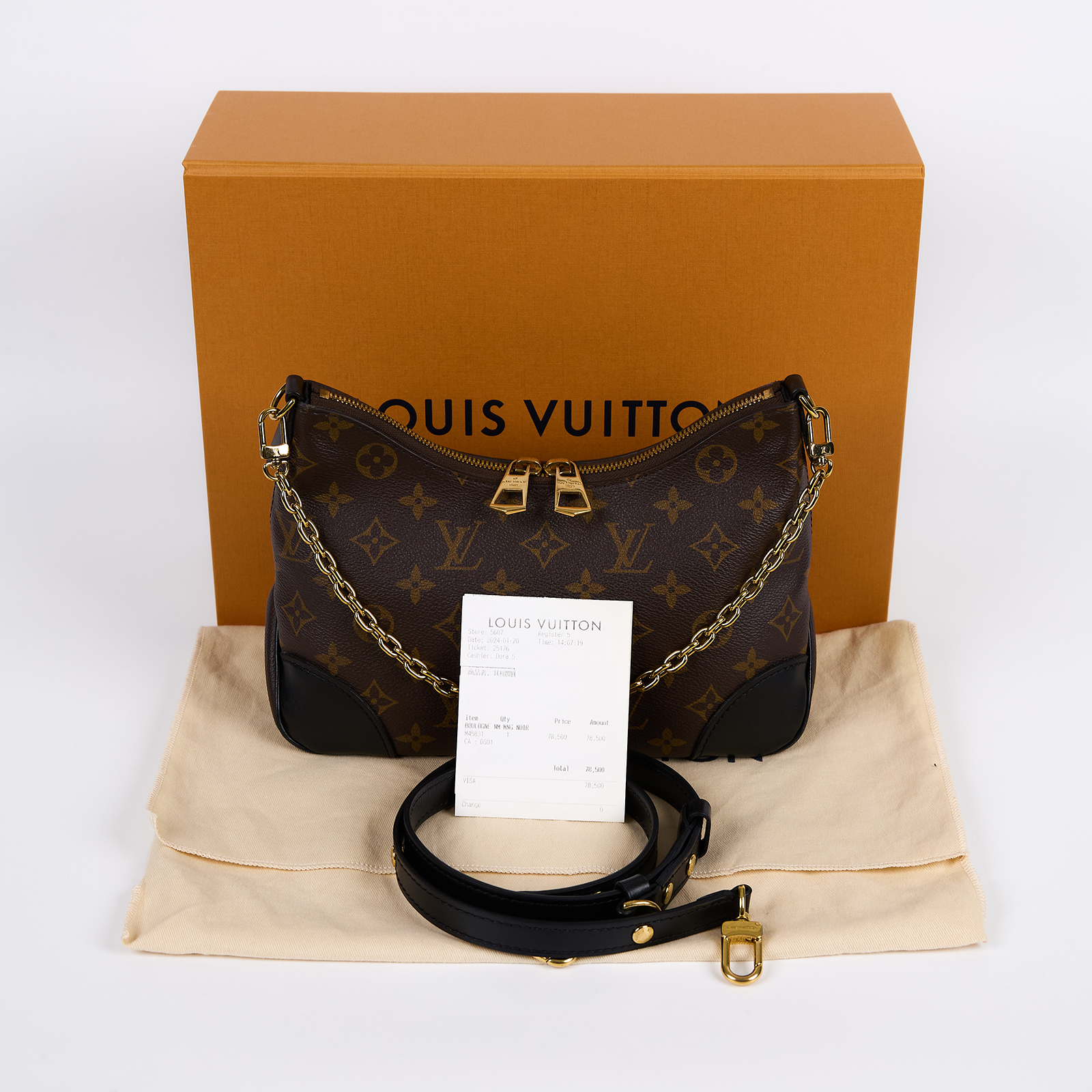 路易威登 LOUIS VUITTON Boulogne 黑色 牛角包 手提 斜肩背包 M45831 晶片款  防塵袋/原廠盒子/購買證明正本/背帶２