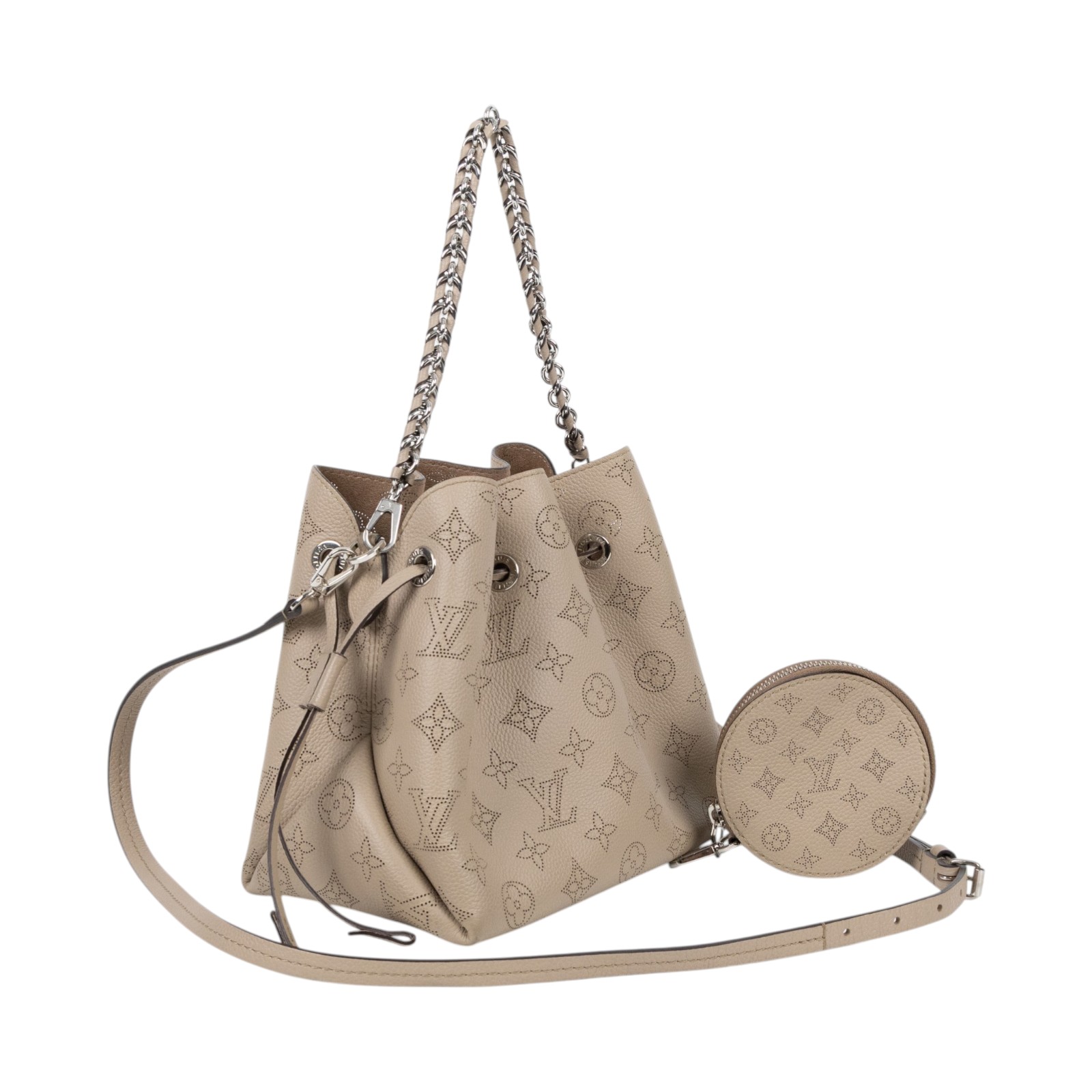 路易威登 LOUIS VUITTON Bella 水桶袋 手提包 灰色 M57201 晶片款 灰鏤空原花BELLA水桶包 原廠盒子/防塵袋/背帶2/小袋