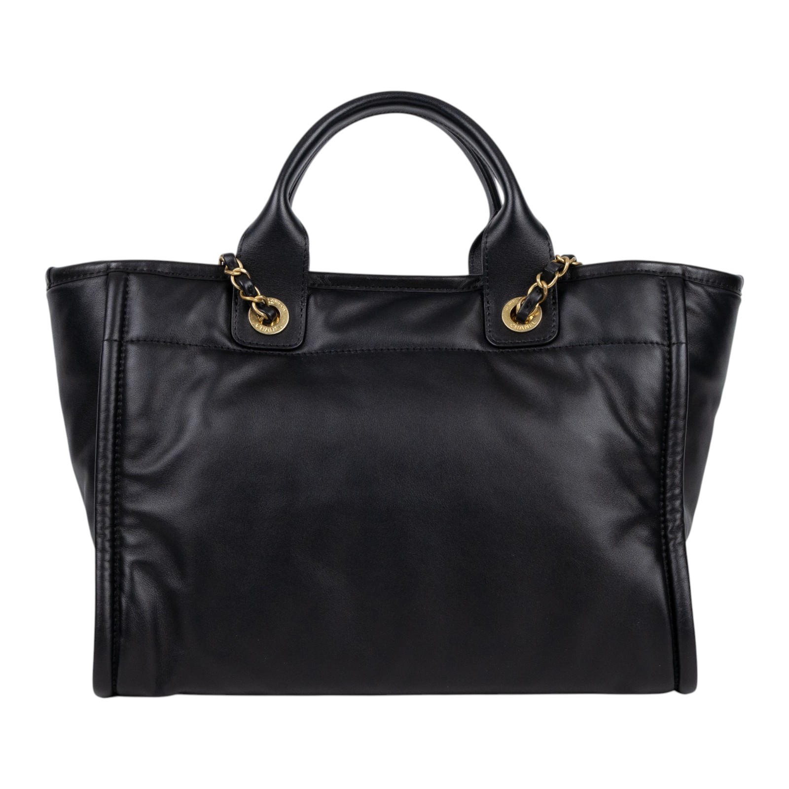 香奈兒 CHANEL 海灘包 小型 AS3257 晶片款 全黑皮革壓紋DEAUVILLE沙灘包 防塵袋/內袋