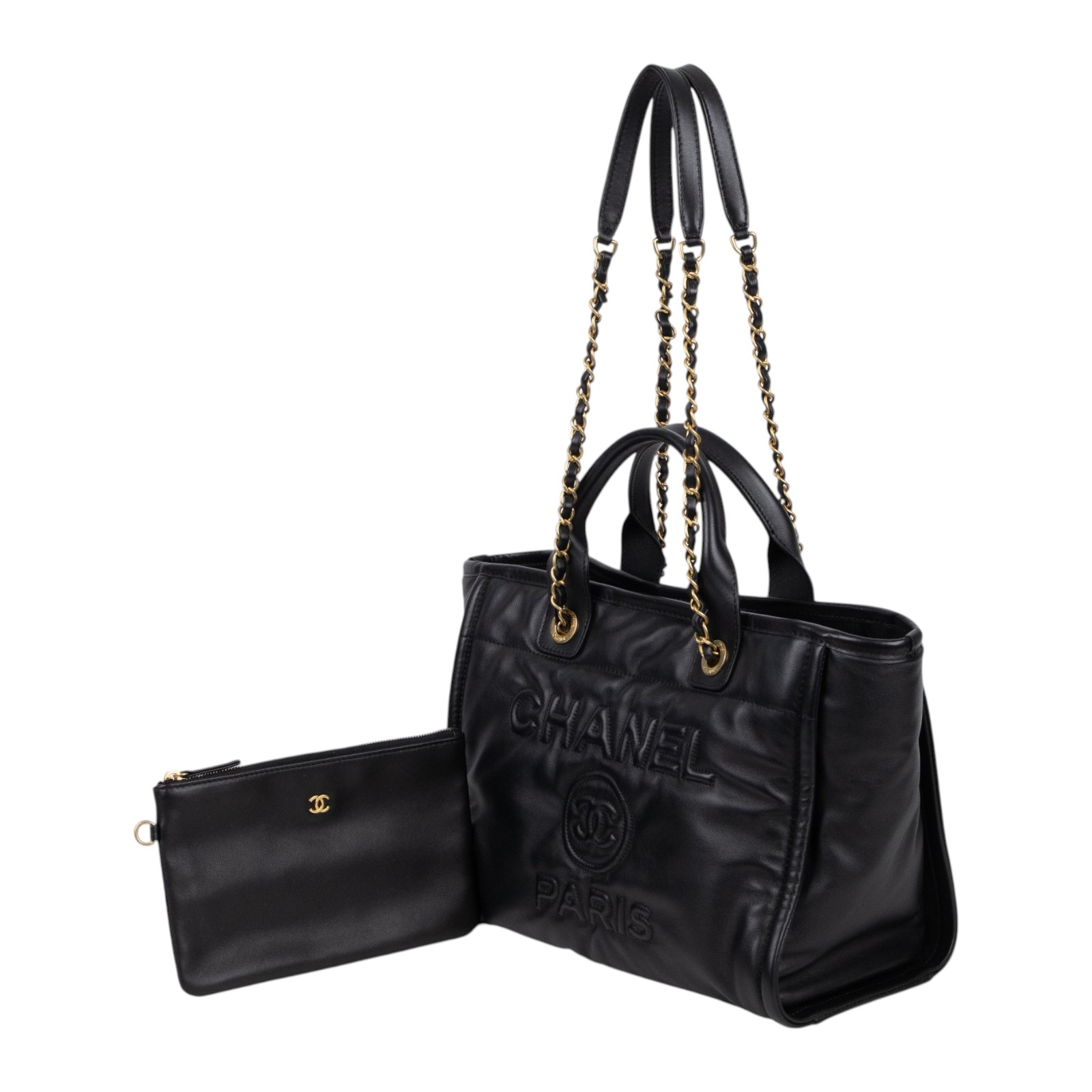 香奈兒 CHANEL 海灘包 小型 AS3257 晶片款 全黑皮革壓紋DEAUVILLE沙灘包 防塵袋/內袋