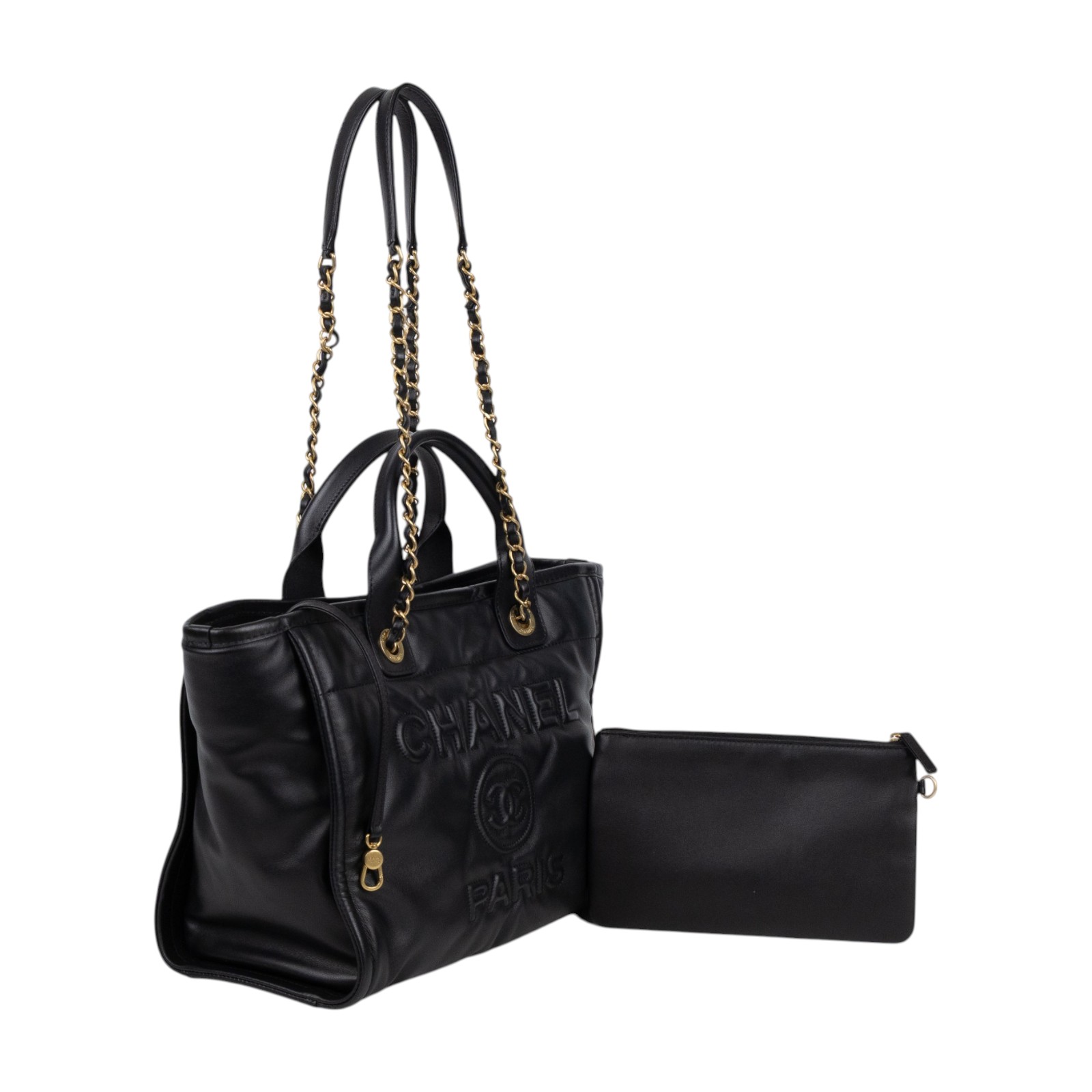 香奈兒 CHANEL 海灘包 小型 AS3257 晶片款 全黑皮革壓紋DEAUVILLE沙灘包 防塵袋/內袋