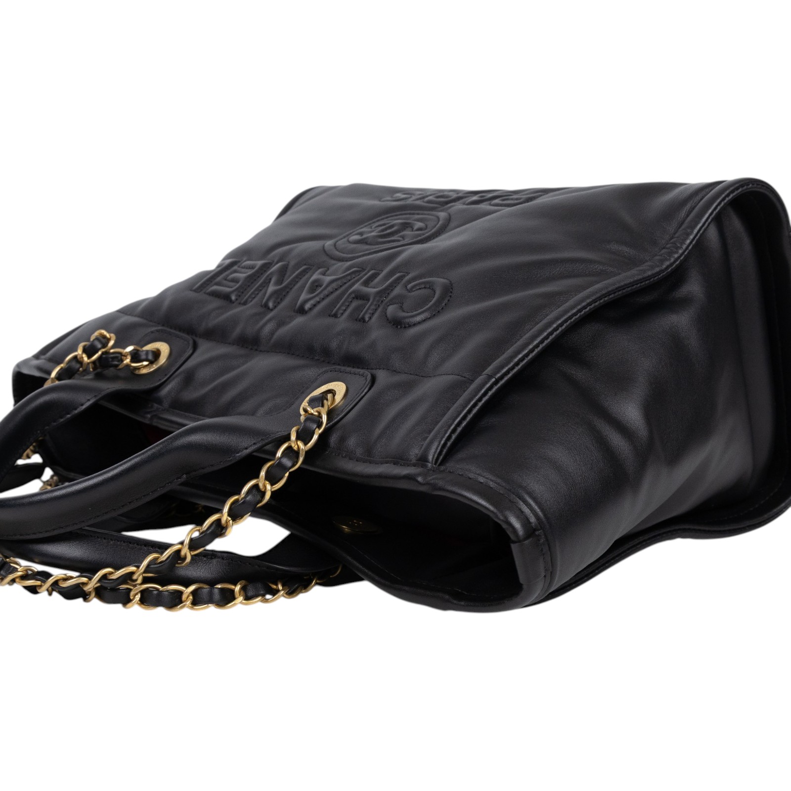 香奈兒 CHANEL 海灘包 小型 AS3257 晶片款 全黑皮革壓紋DEAUVILLE沙灘包 防塵袋/內袋