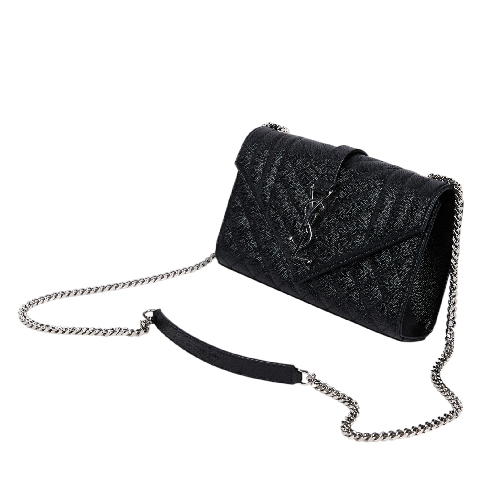 聖羅蘭 YSL SAINT LAURENT Envelope 粒面絎縫皮革 小型 信封袋 銀色五金 600195BOW92 黑銀ENVELOPE鍊條包 無附屬品