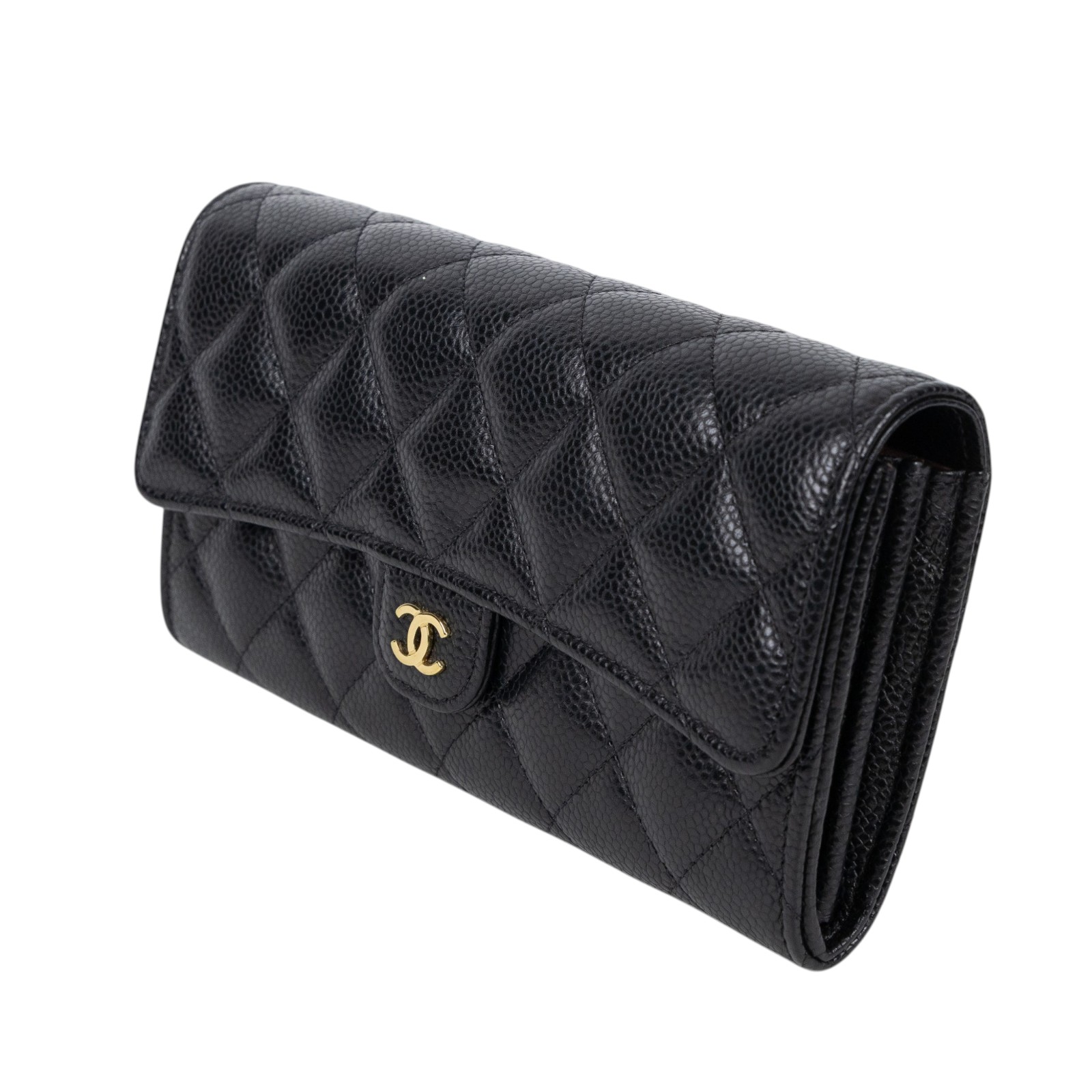 香奈兒 CHANEL 荔枝皮 扣式 翻蓋 二折長夾 AP0241 晶片款 黑金荔枝長夾 無附屬品