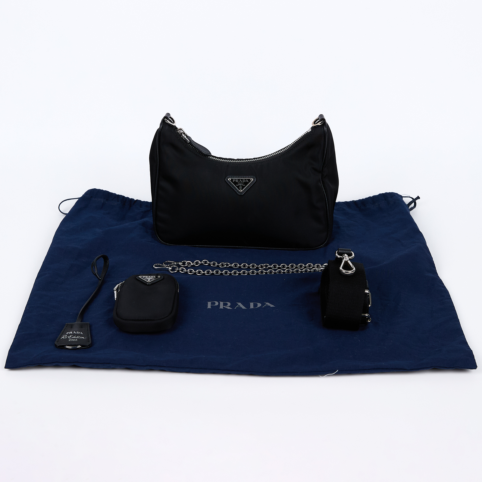 普拉達 PRADA Re-Edition 2005 Re-Nylon 手袋 1BH204_R064 黑銀三合一尼龍肩背包 防塵袋/內袋/背帶