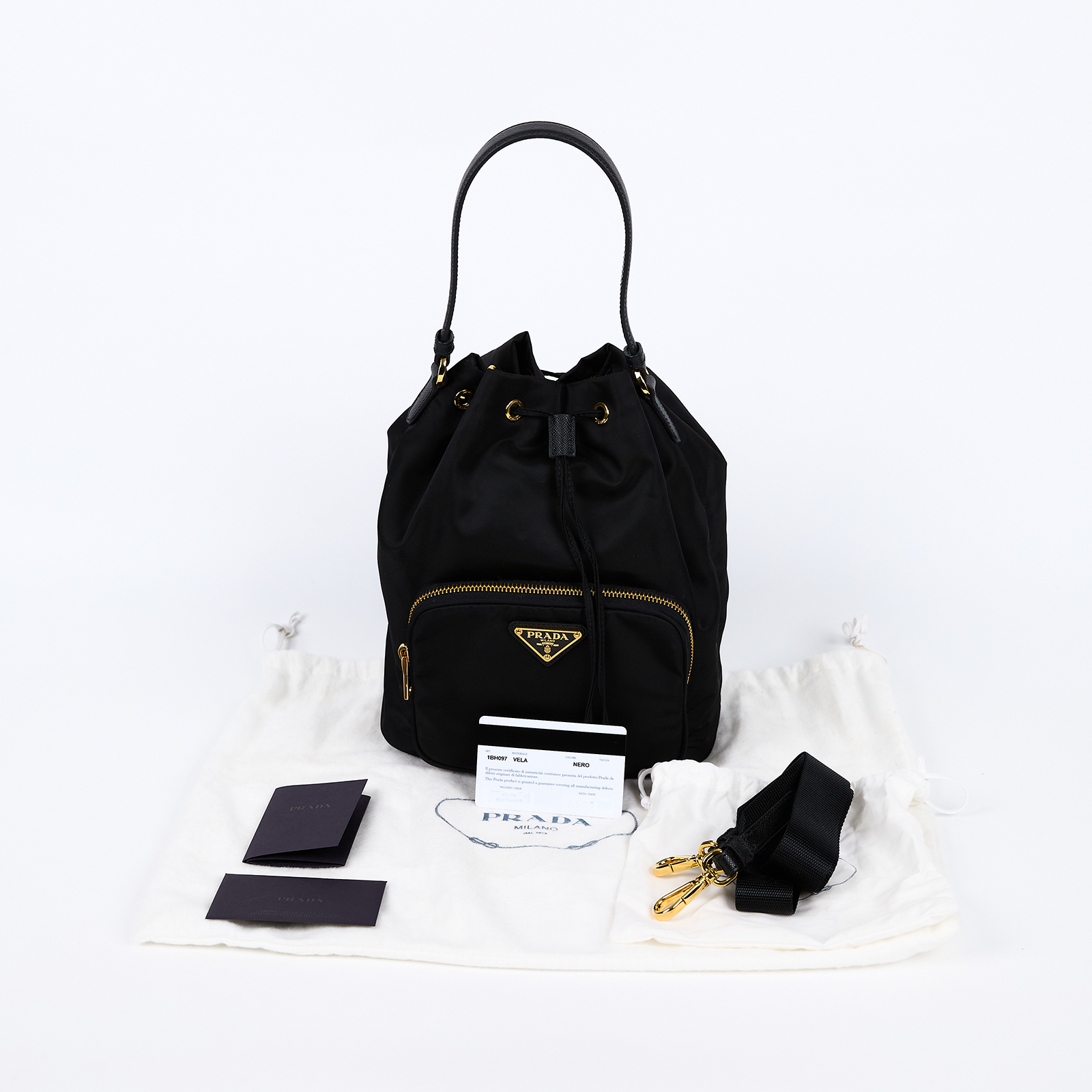 普拉達 PRADA Tessuto 水桶袋 1BH097_RV44 黑尼龍2WAY水桶包 防塵袋/保證卡/背帶