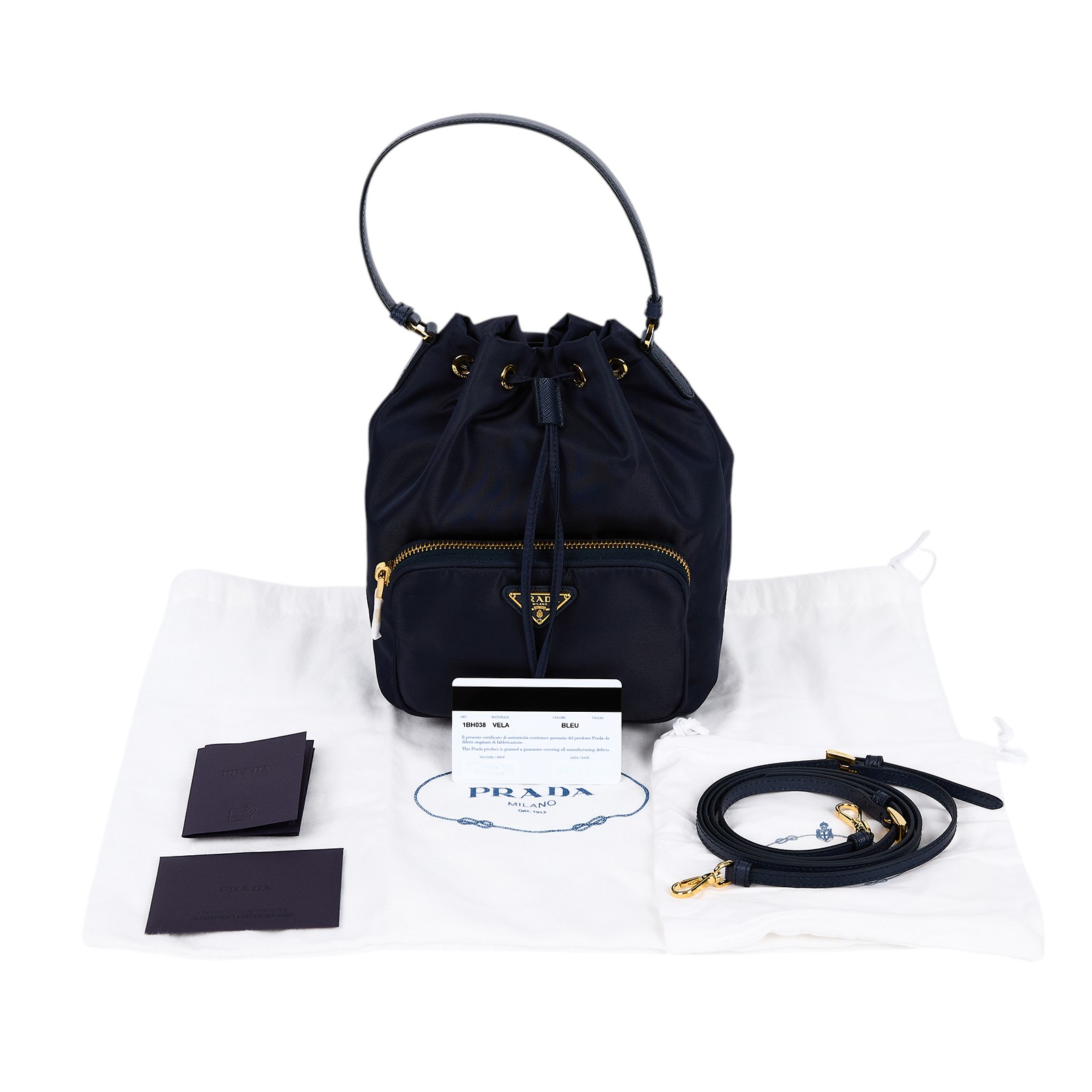 普拉達 PRADA Duet Re-Nylon 水桶袋 1BH038_RV44 藍尼龍2WAY水桶包 防塵袋/保證卡/背帶