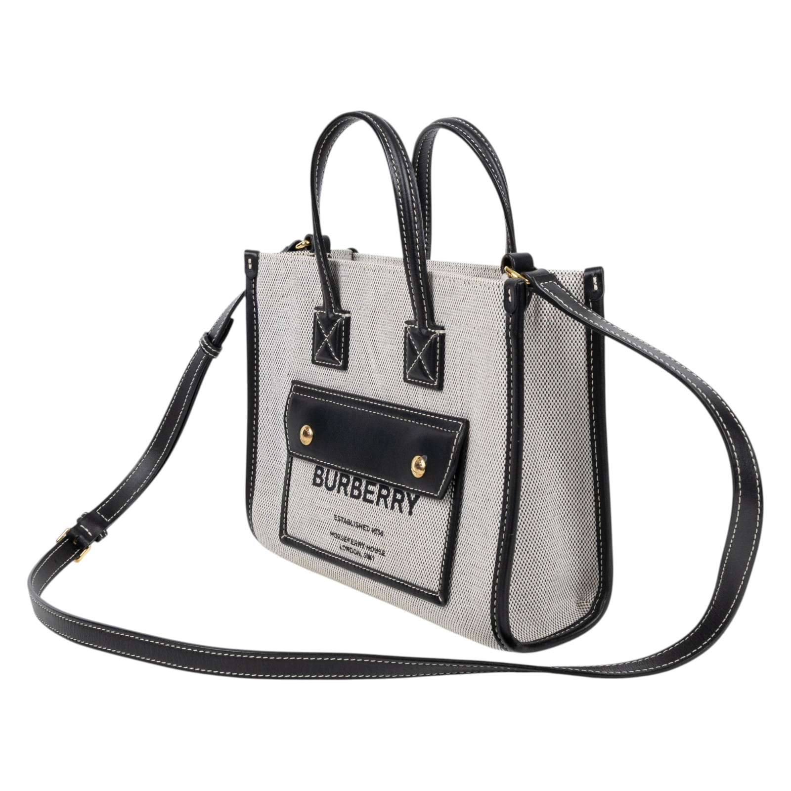 博柏利 BURBERRY Mini Freya Tote 手提包 肩背包 80441421 黑拚灰帆布MINI FREYA 防塵袋/購買證明正本