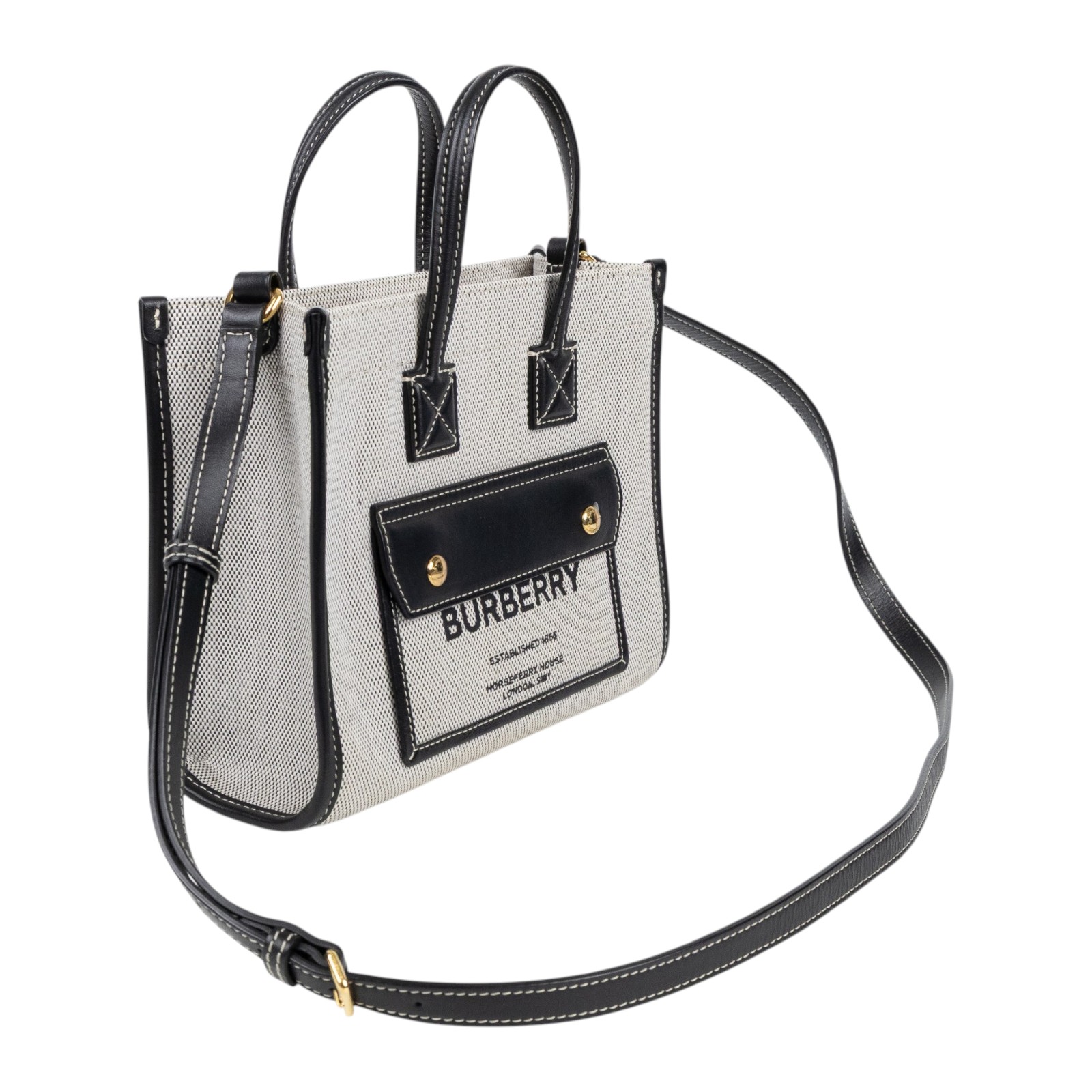 博柏利 BURBERRY Mini Freya Tote 手提包 肩背包 80441421 黑拚灰帆布MINI FREYA 防塵袋/購買證明正本