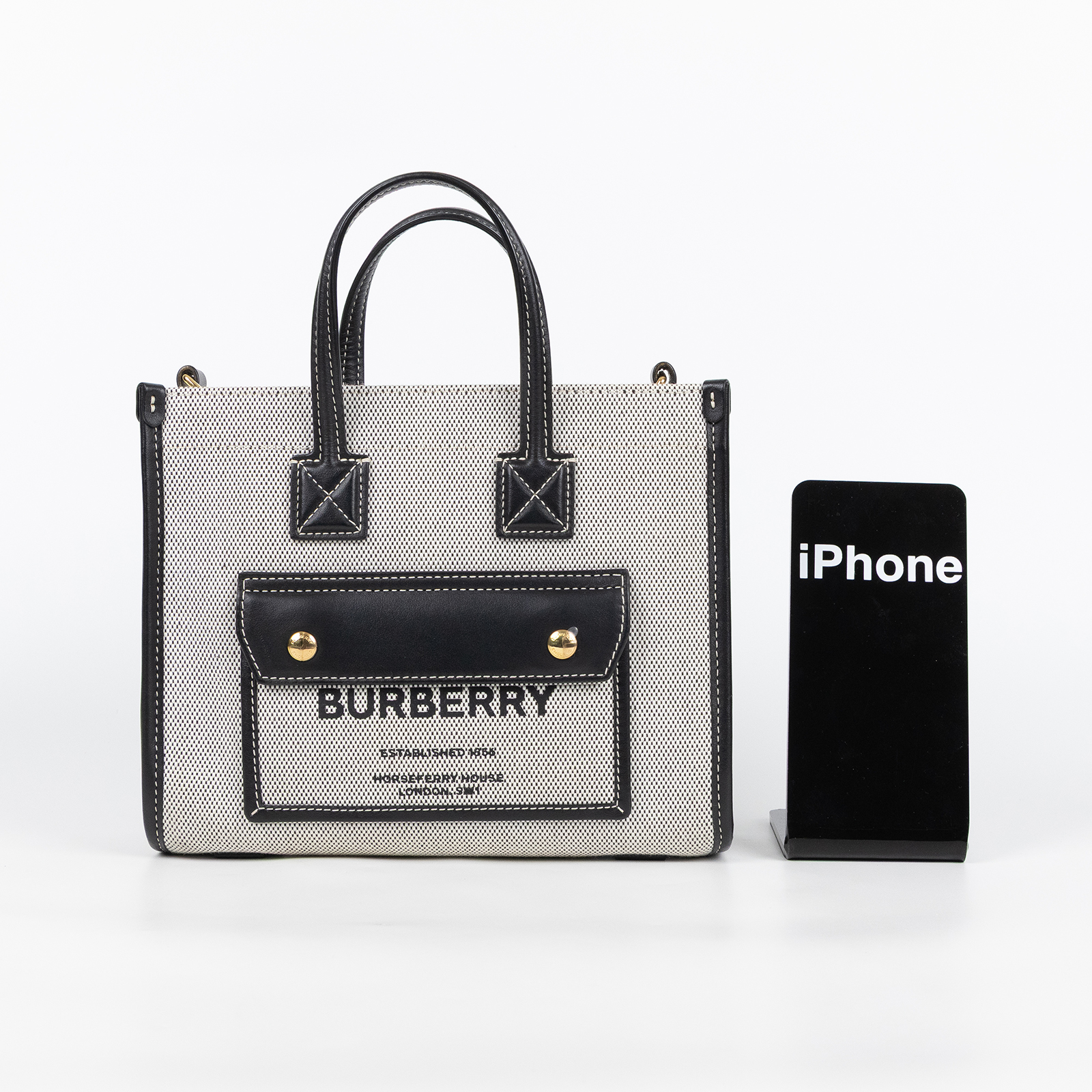 博柏利 BURBERRY Mini Freya Tote 手提包 肩背包 80441421 黑拚灰帆布MINI FREYA 防塵袋/購買證明正本