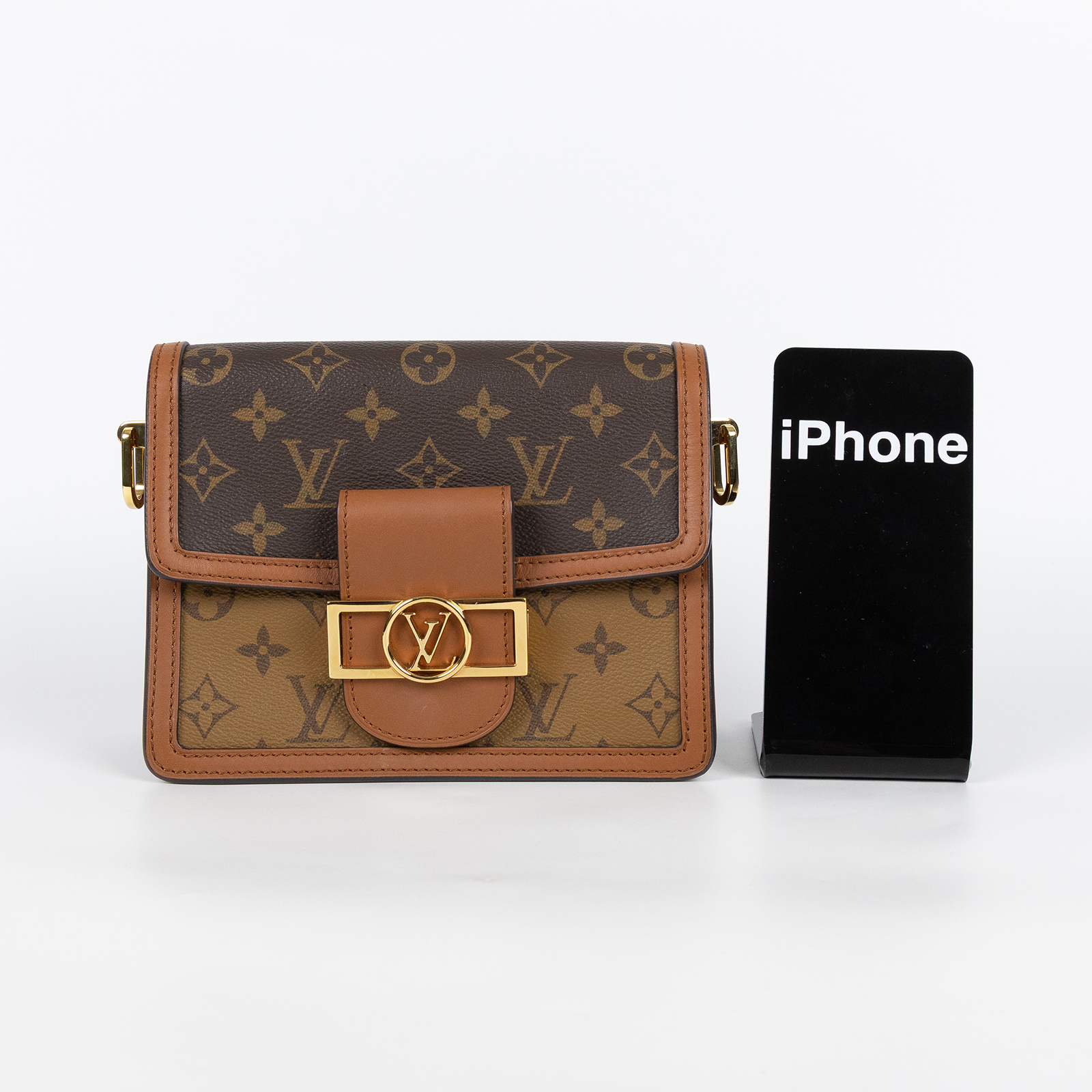 路易威登 LOUIS VUITTON Mini Dauphine Reverse皮革飾邊 迷你 達芙妮 肩背 斜背包 M44580 晶片款  背帶/購買證明正本