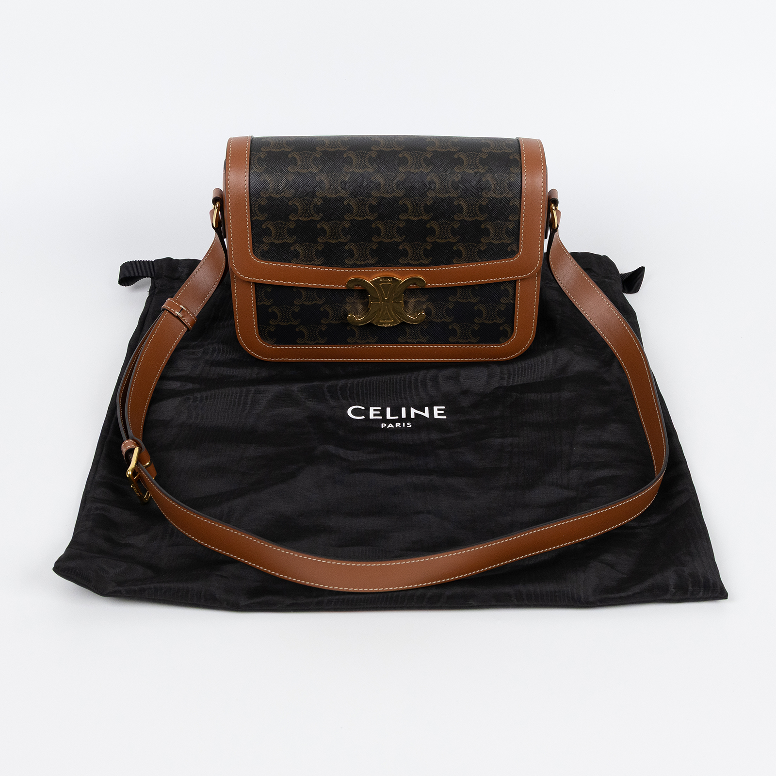 思琳 CELINE CLassoque Triomphe 凱旋門 肩背包 191242BZ4 棕拚凱旋門CLASSIQUE TRIOMPHE 防塵袋