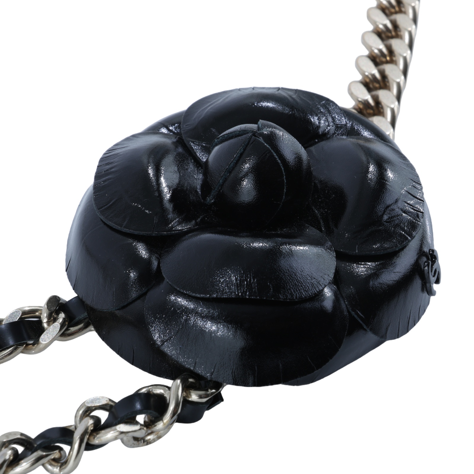 香奈兒 CHANEL 硬殼鏈子小包  黑山茶花淡金皮穿鍊項鍊 無附屬品