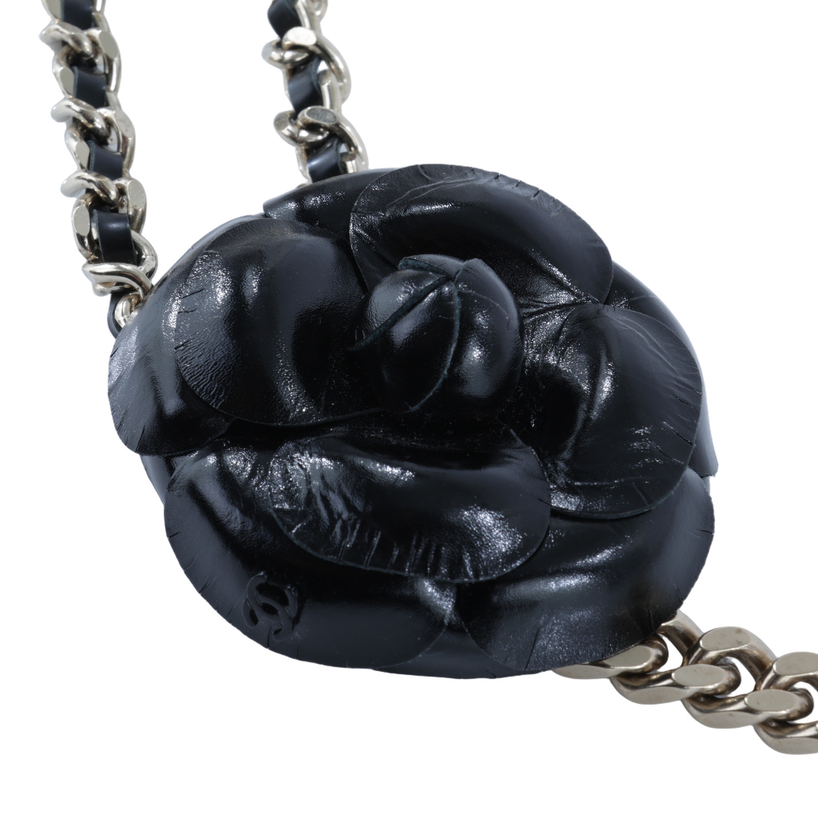 香奈兒 CHANEL 硬殼鏈子小包  黑山茶花淡金皮穿鍊項鍊 無附屬品