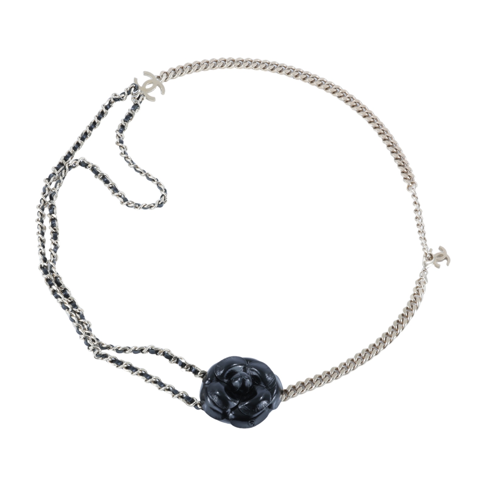 香奈兒 CHANEL 硬殼鏈子小包  黑山茶花淡金皮穿鍊項鍊 無附屬品