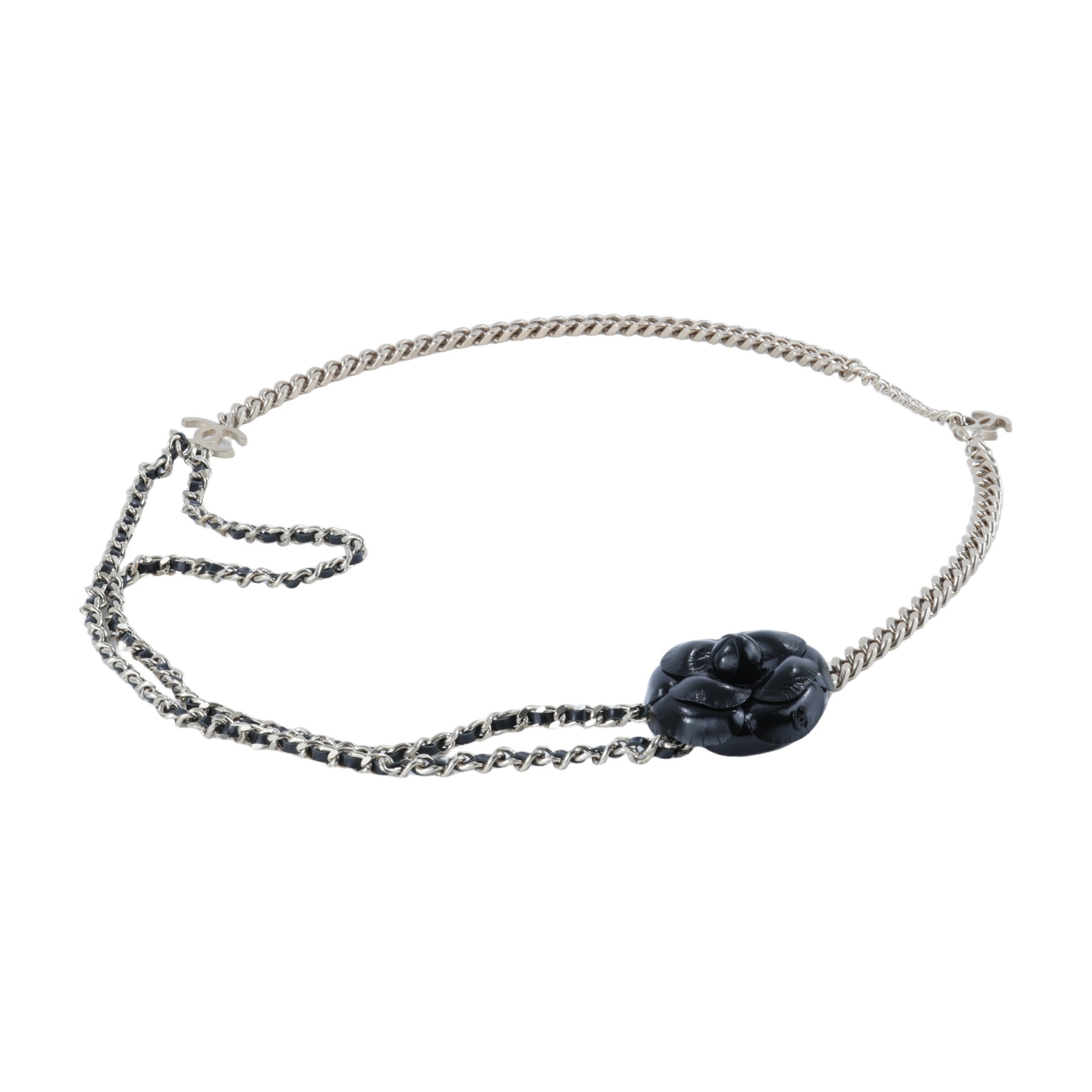 香奈兒 CHANEL 硬殼鏈子小包  黑山茶花淡金皮穿鍊項鍊 無附屬品