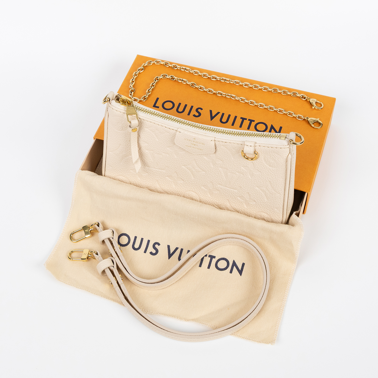 路易威登 LOUIS VUITTON Easy Pouch On Strap 壓紋牛皮二用包 奶油色 M81066 晶片款  原廠盒子/ 防塵袋/背帶2