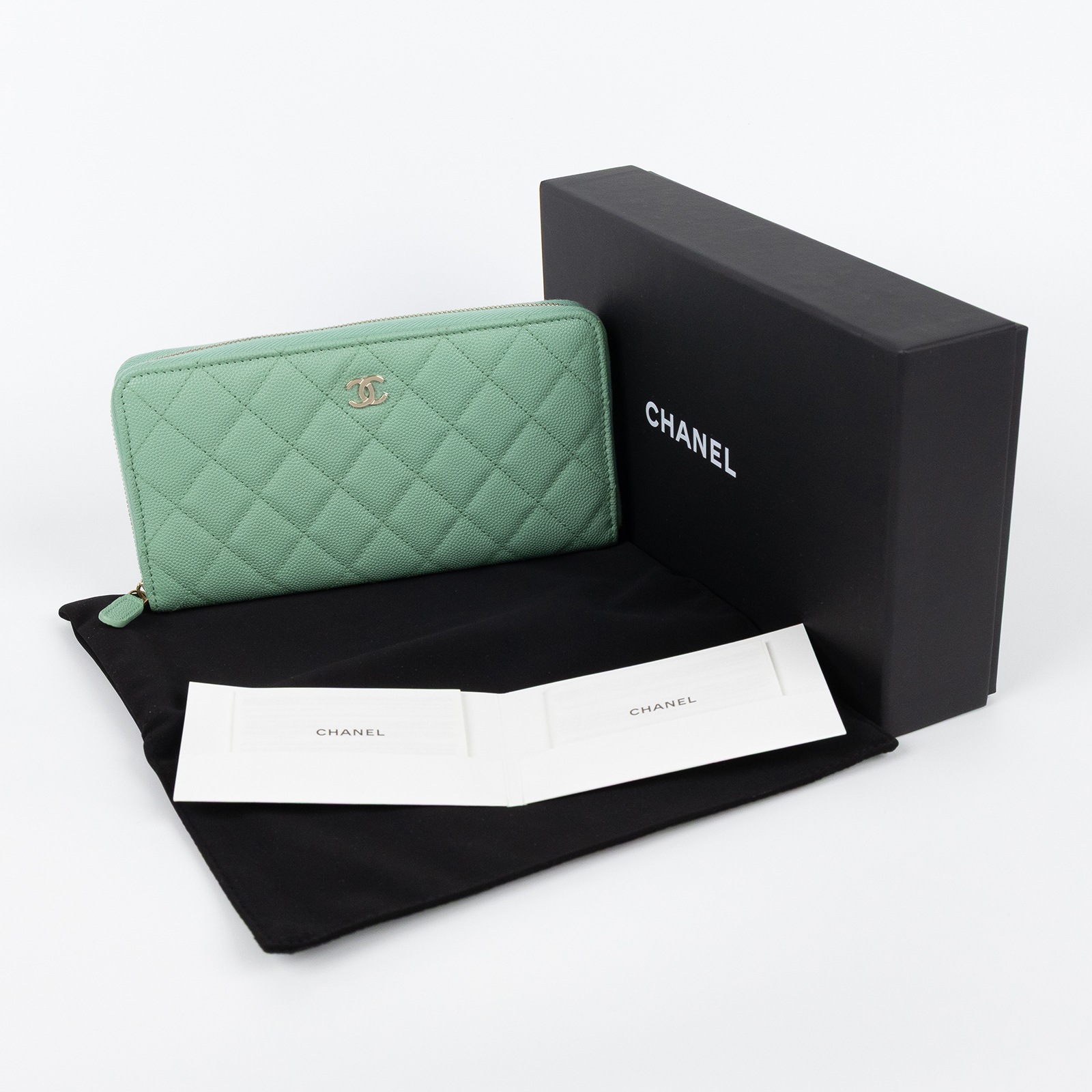 香奈兒 CHANEL CC LOGO 經典拉鍊長夾 AP0242 晶片款 湖水綠荔枝長夾 原廠盒子/防塵袋