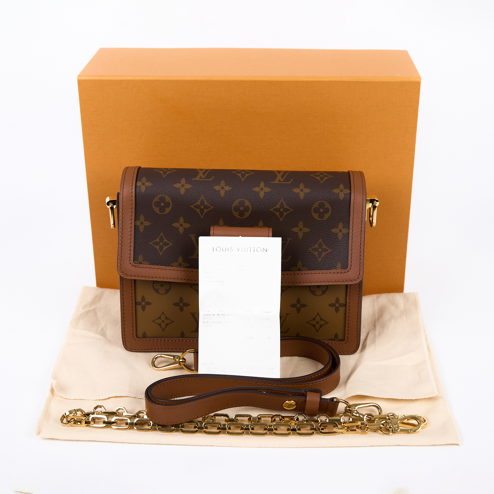 路易威登 LOUIS VUITTON Dauphine MM 手提包 雙色翻蓋斜背 鏈帶包 M44391  背帶2/防塵袋/原廠盒子/購買證明正本