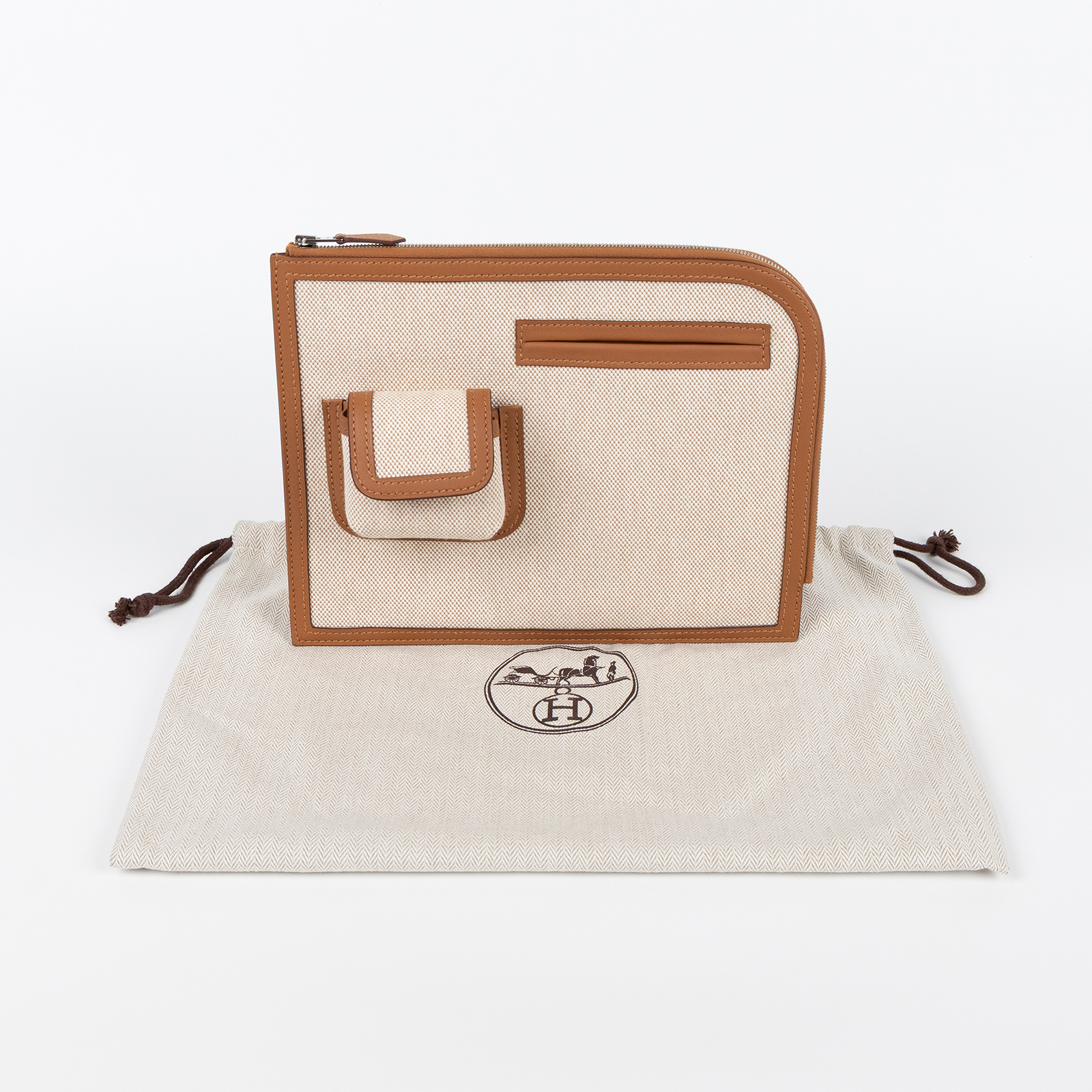 愛馬仕 Hermes H Swift Canvas Cargo Travel Pouch 萬用旅行手拿包 米金 金棕色 銀色五金  W FS 004 GX  防塵袋