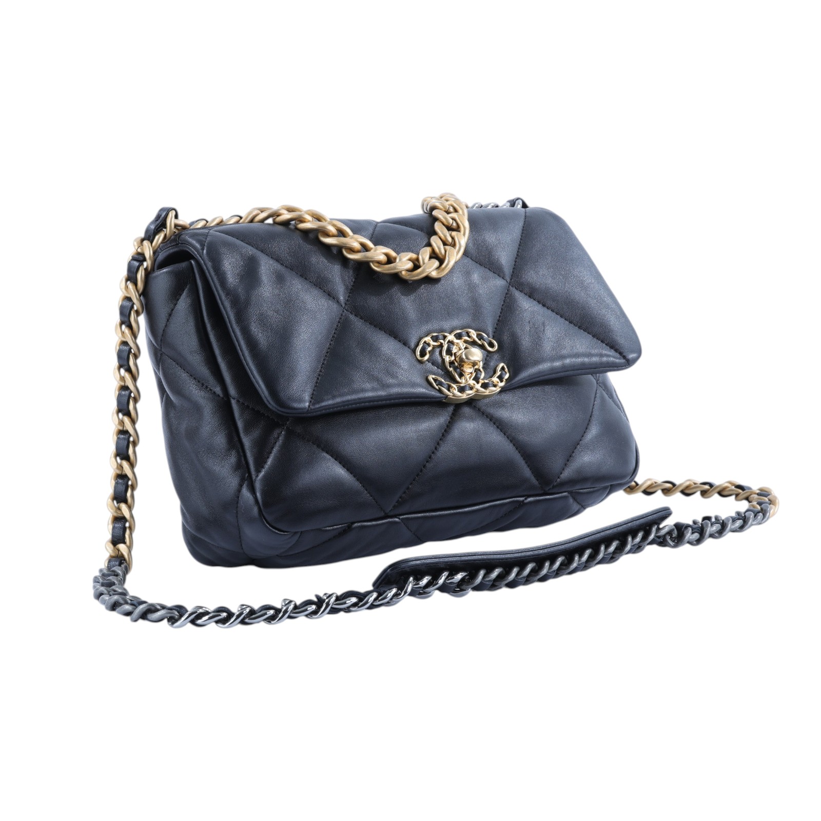 香奈兒 CHANEL 19 口蓋包 菱格紋 金銀鍊帶 手提 肩背包 AS1160 晶片款 黑金19包 防塵袋