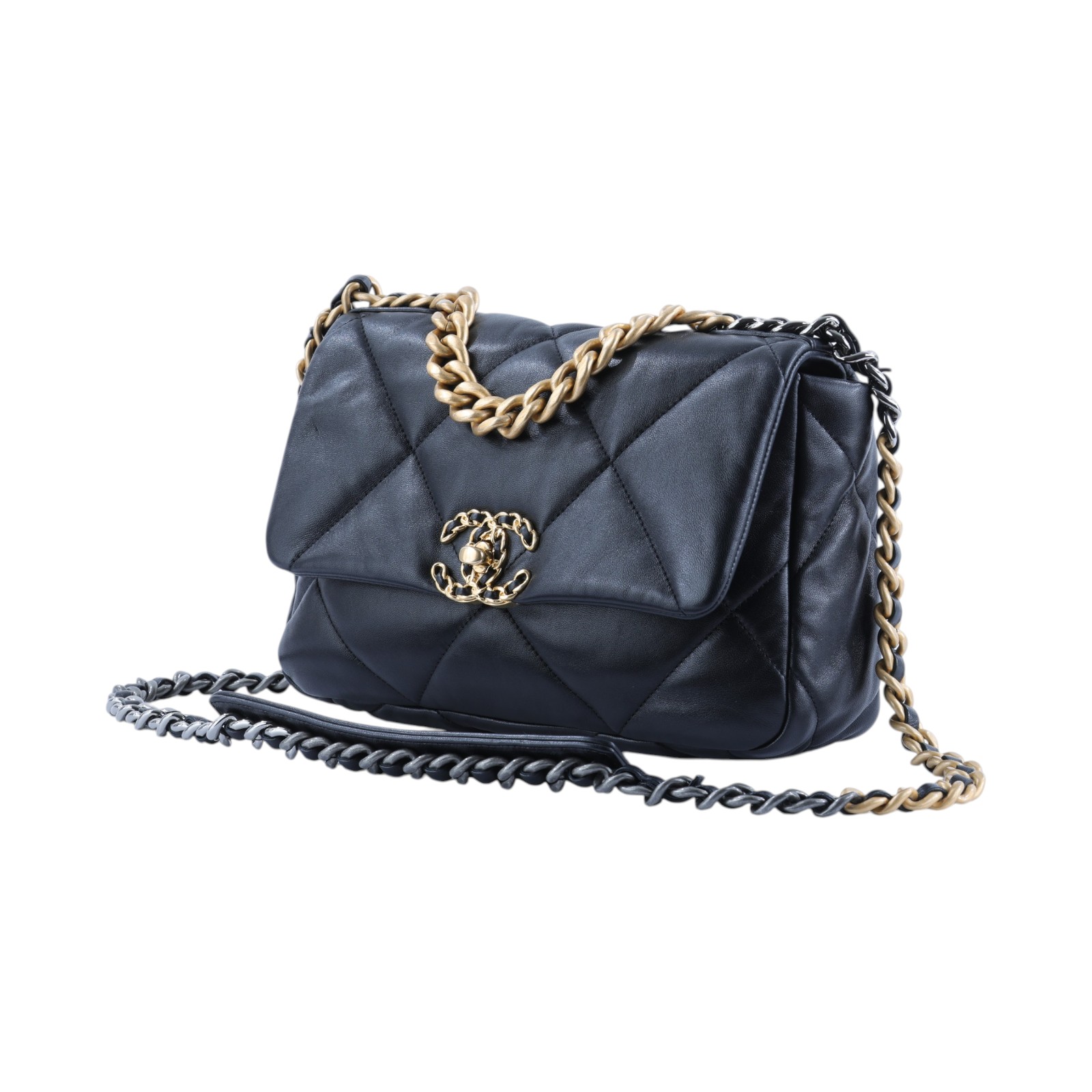 香奈兒 CHANEL 19 口蓋包 菱格紋 金銀鍊帶 手提 肩背包 AS1160 晶片款 黑金19包 防塵袋