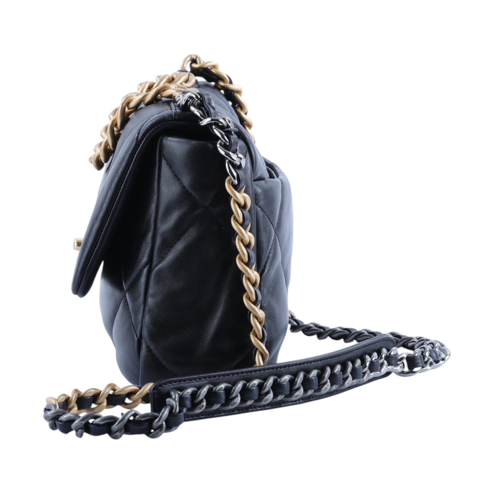 香奈兒 CHANEL 19 口蓋包 菱格紋 金銀鍊帶 手提 肩背包 AS1160 晶片款 黑金19包 防塵袋