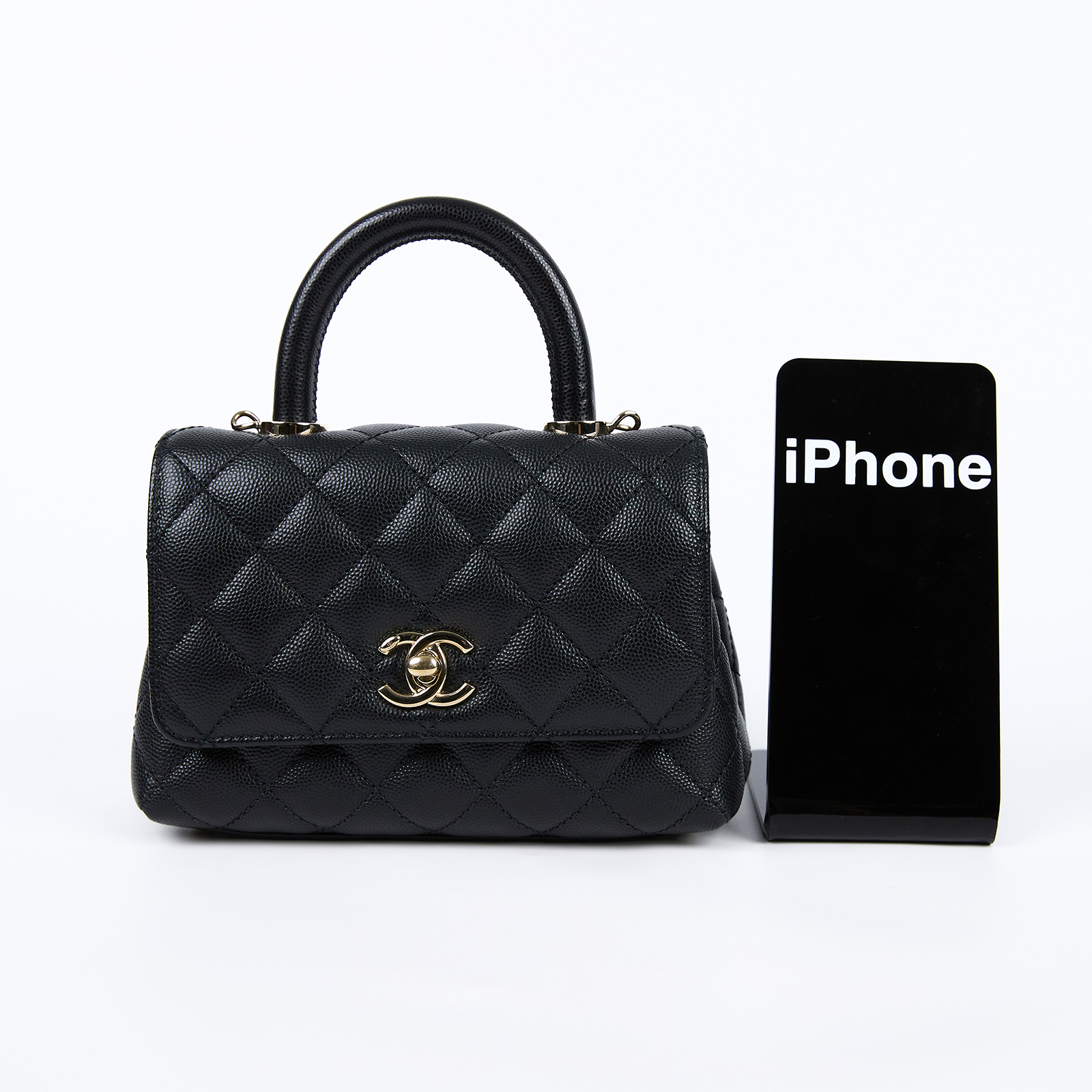 香奈兒 CHANEL Handle 迷你 手提 口蓋包 AS2215 晶片款 黑荔枝 COCO HANDLE MINI 防塵袋/背帶